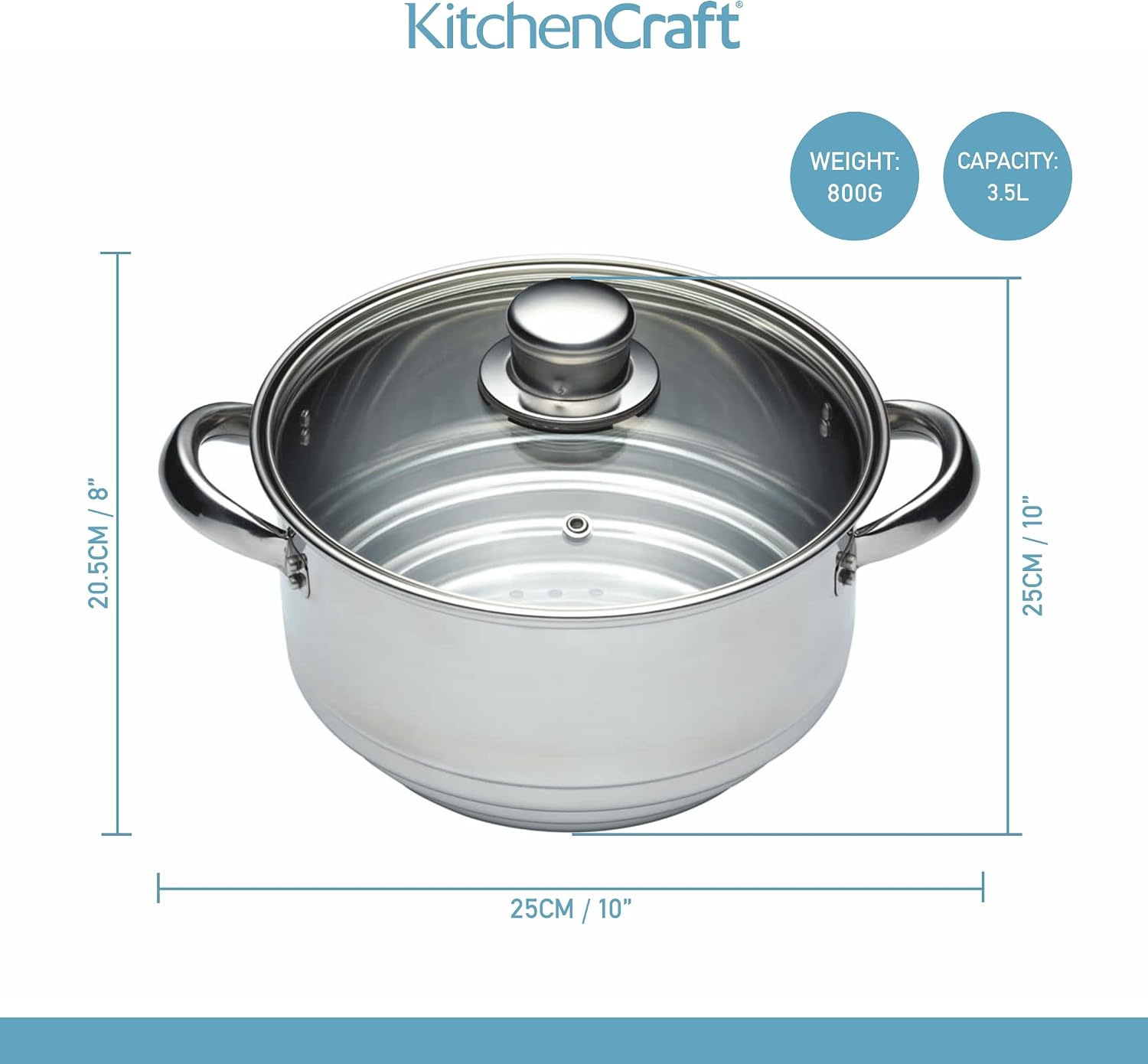 Detalle de KitchenCraft universele stoompaninzet met glazen deksel voor pannen van 16, 18 en 20 cm