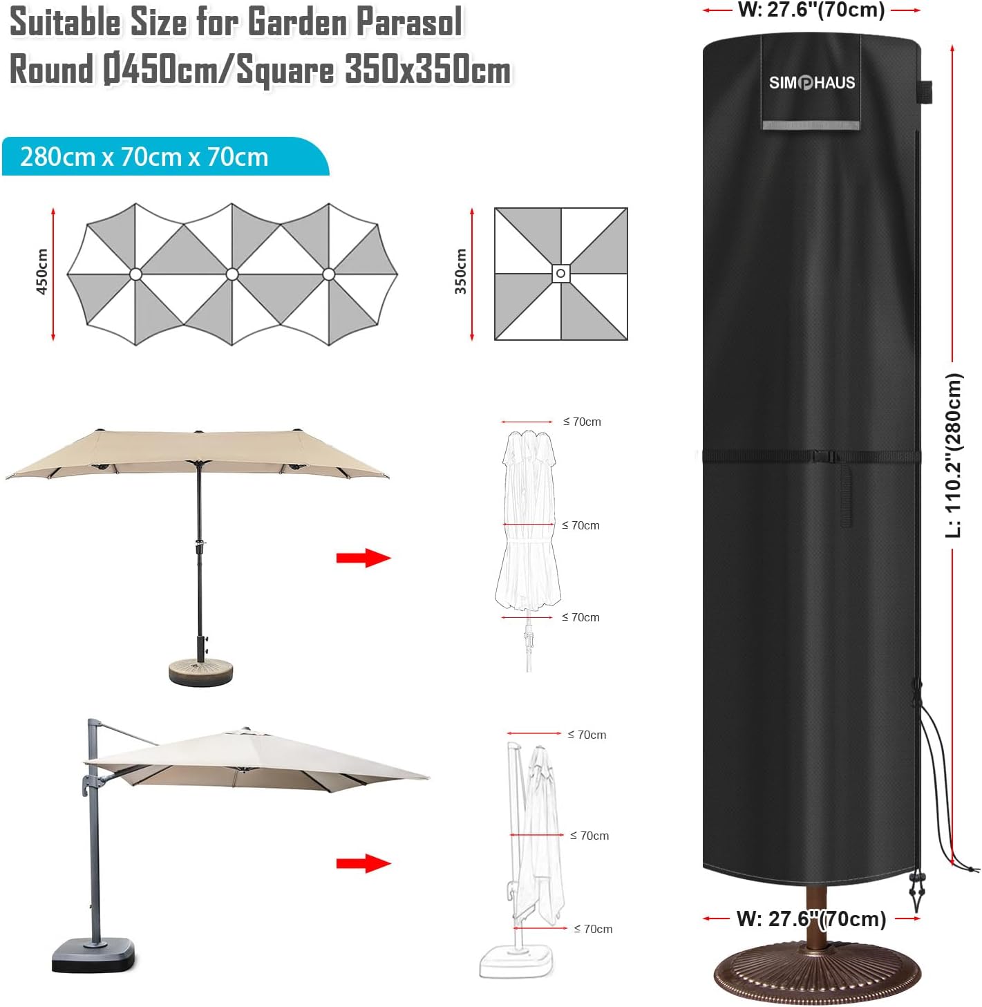 Detalle de SIMPHAUS Patio Umbrella Cover with Rod (280x70/70cm) – double sided, waterproof and windproof