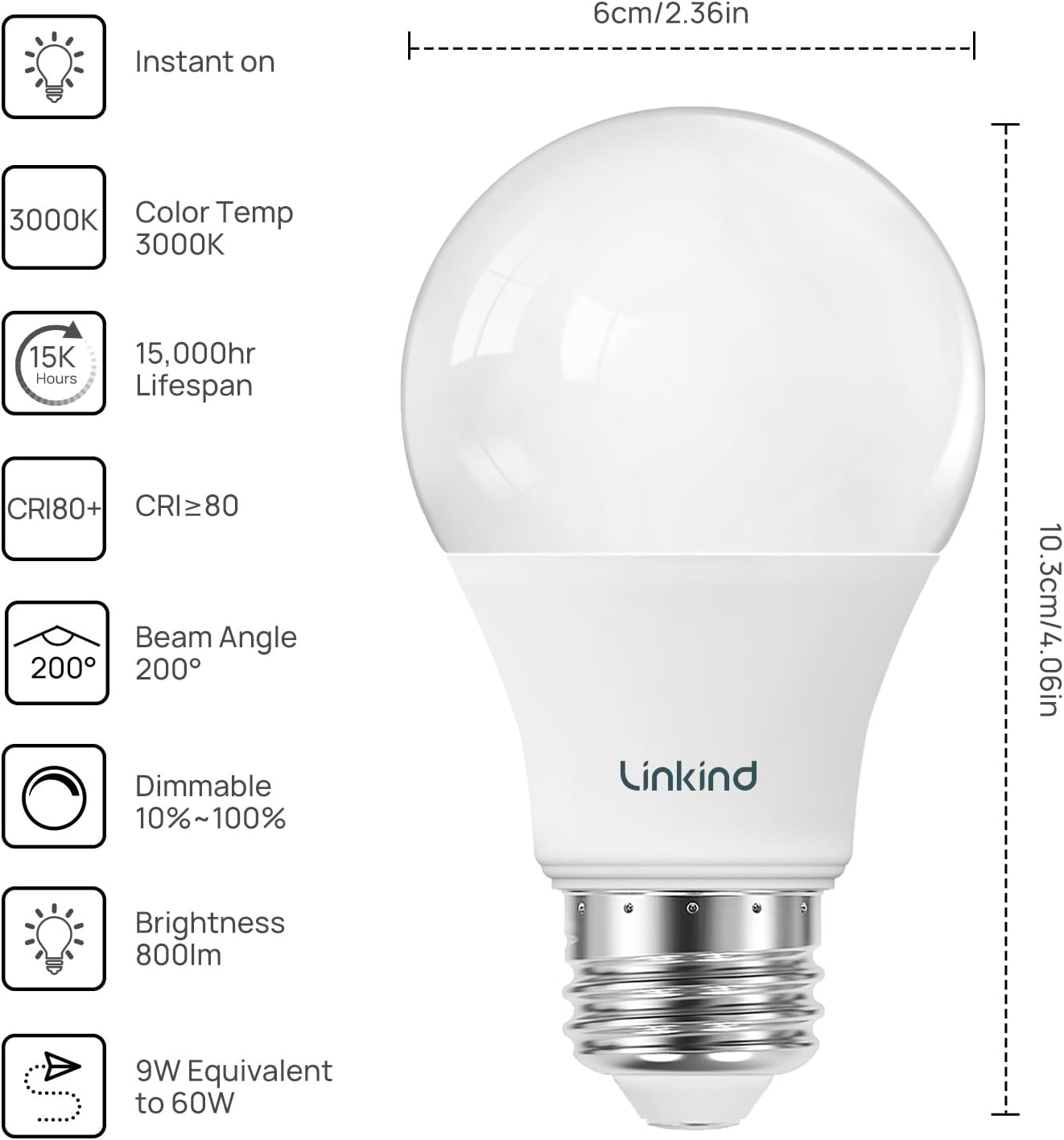 Detalle 2 de Linkind A19 LED Bulbs, 9W, 3000K Warm White, Dimmable, 6-Pack