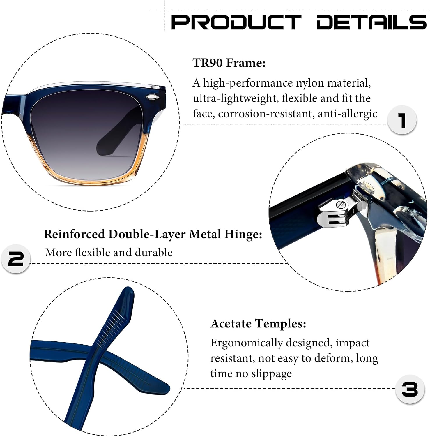 Detalle de KANASTAL Lunettes de soleil unisexes carrées polarisées UV400 monture TR90 et branches acétate