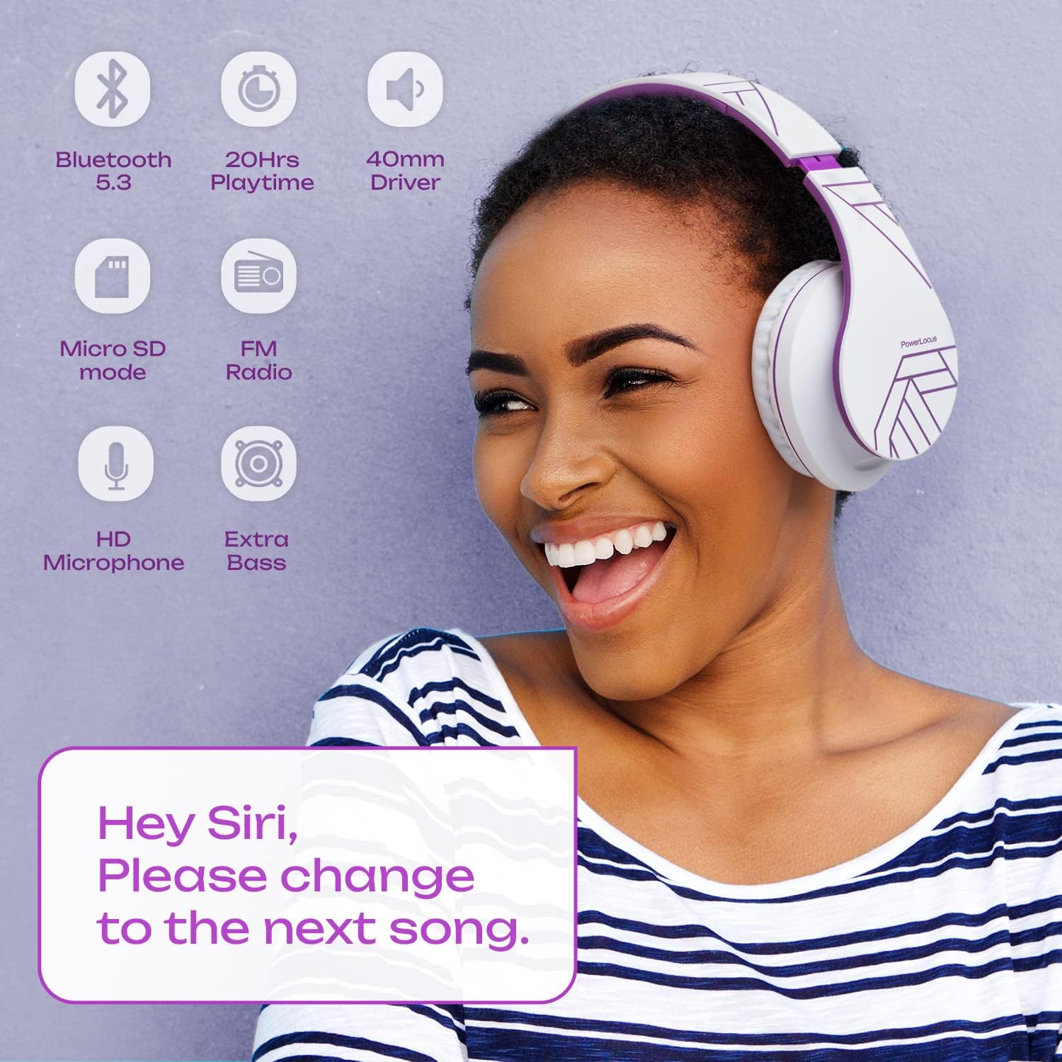 Detalle de PowerLocus Bluetooth Over-Ear Headphones (Wireless & Wired) with Mic, Micro SD/TF and FM – White/Violet