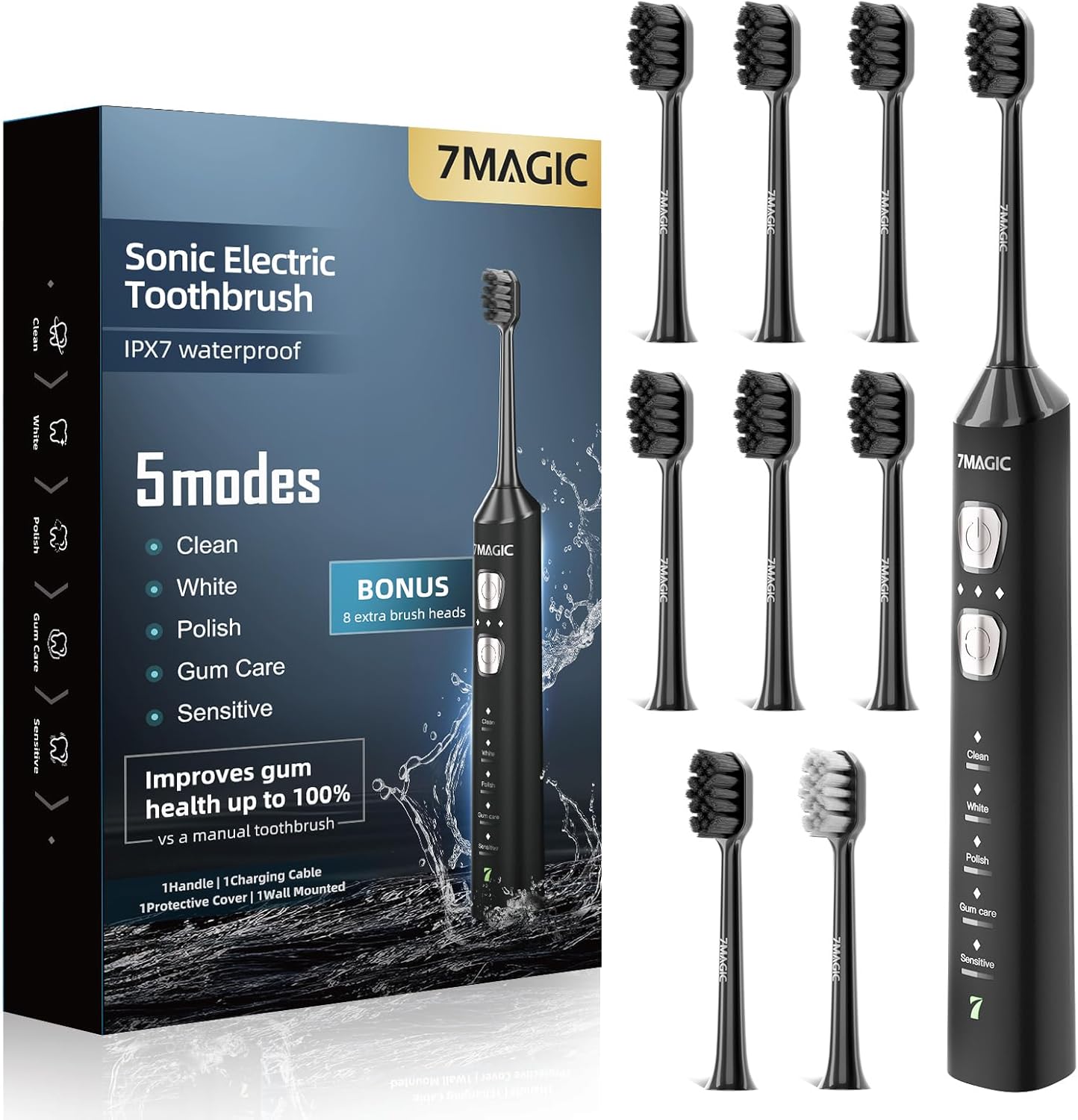 Detalle de 7MAGIC Sonic Electric Toothbrush for Adults and Kids — 180-Day Runtime, 42,000 VPM, 5 Modes, 3 Intensities, 8 Brush Heads