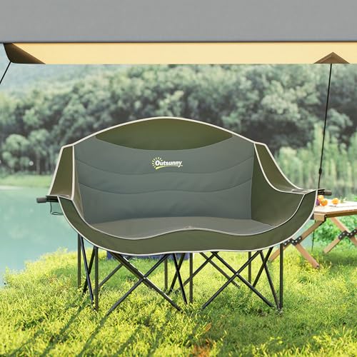 Thumbnail 6 de Outsunny Faltstuhl 2-Sitzer Faltbar Campingstuhl Getränkehalter Grün
