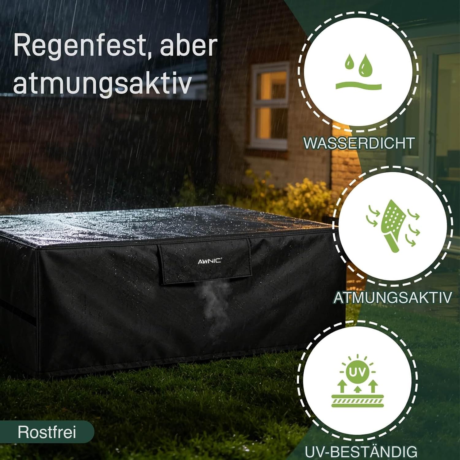 Detalle de AWNIC T160-2D Garden Furniture Cover, Waterproof 420D Oxford, Black, 160 x 160 x 85 cm