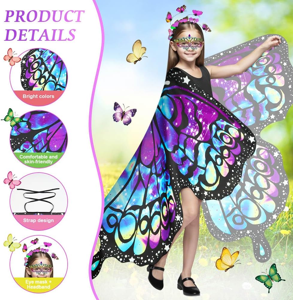 Thumbnail 2 de AUYAO Costume da Farfalla per Bambini – Mantello con Ali, Maschera, Fascia e Adesivi (4 pezzi) – Colorato