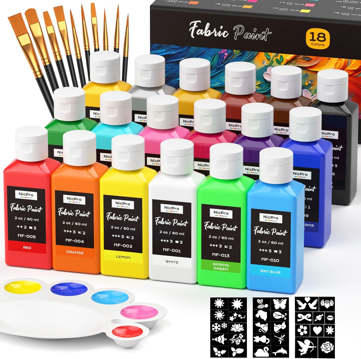 Detalle de Nicpro 18 Colors Fabric Paint Kit (2oz/60ml) – Permanent Soft Paint Set with Brushes, Stencils & Palette