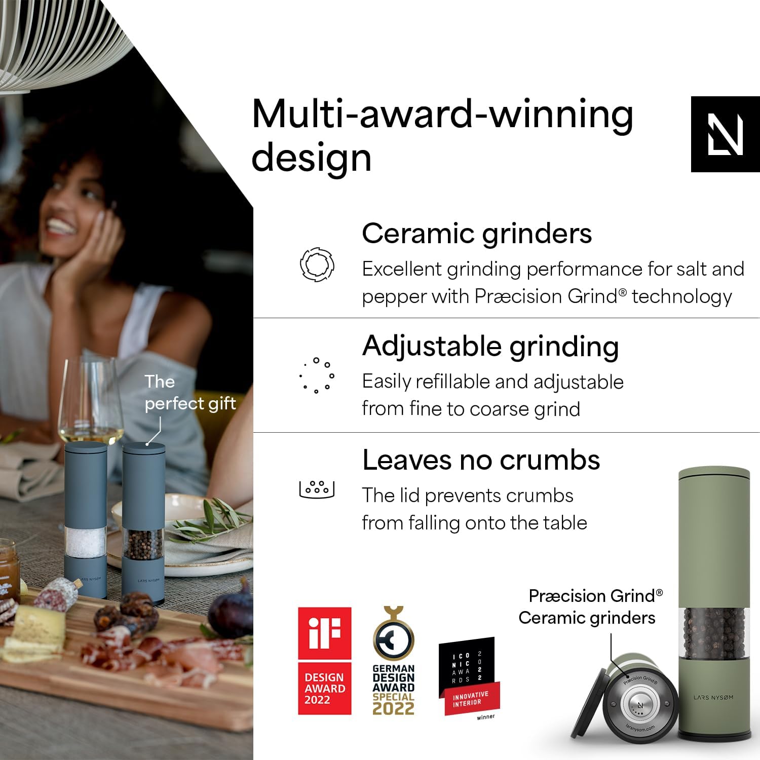 Detalle de LARS NYSØM Salt and Pepper Grinder Set – Manual, Stainless Steel, Sage Green