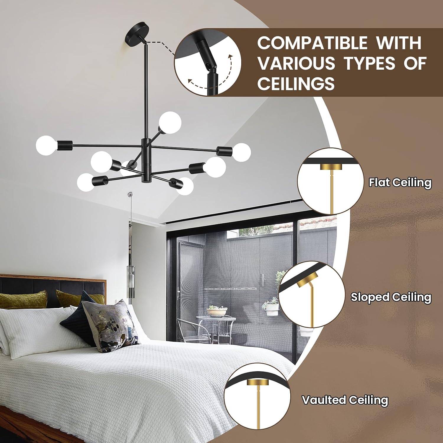 Detalle de KAISITE KST-8006PL-8BK-US 8-Light Sputnik Chandelier, Adjustable Height