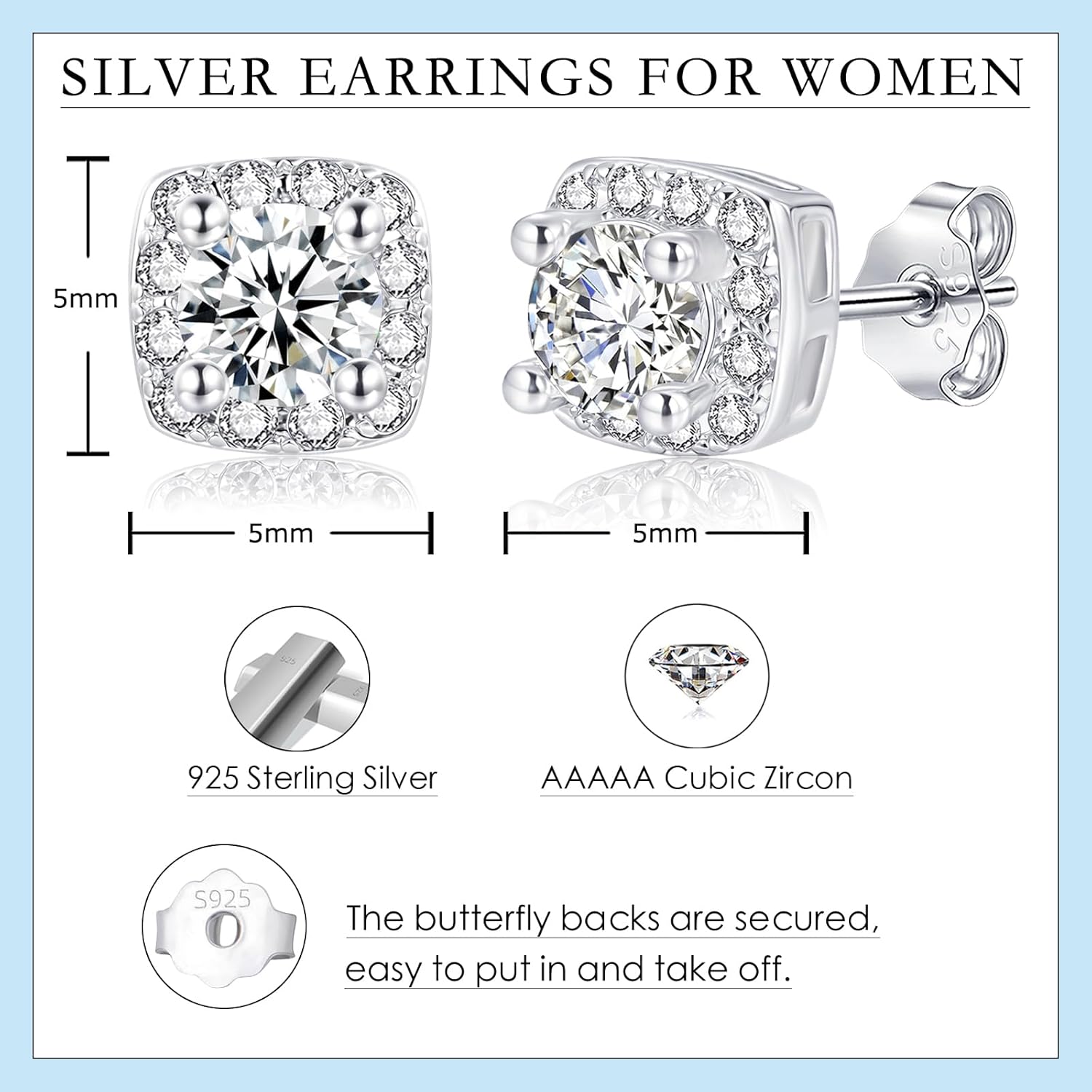 Thumbnail 1 de Deyanse 5mm Silver Square Stud Earrings – 925 Sterling Silver, Hypoallergenic