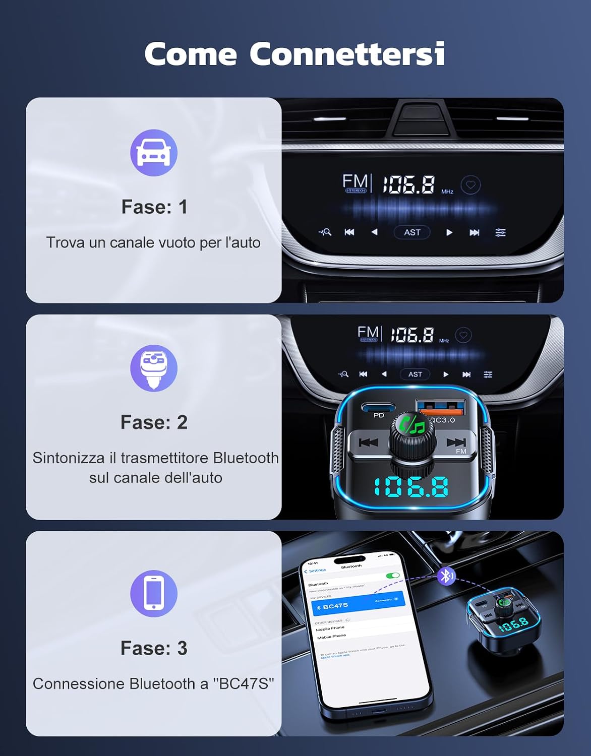 Thumbnail 6 de Glangeh Trasmettitore FM Bluetooth 5.3 per Auto con ricarica rapida PD 45W/QC 36W, doppi microfoni e vivavoce