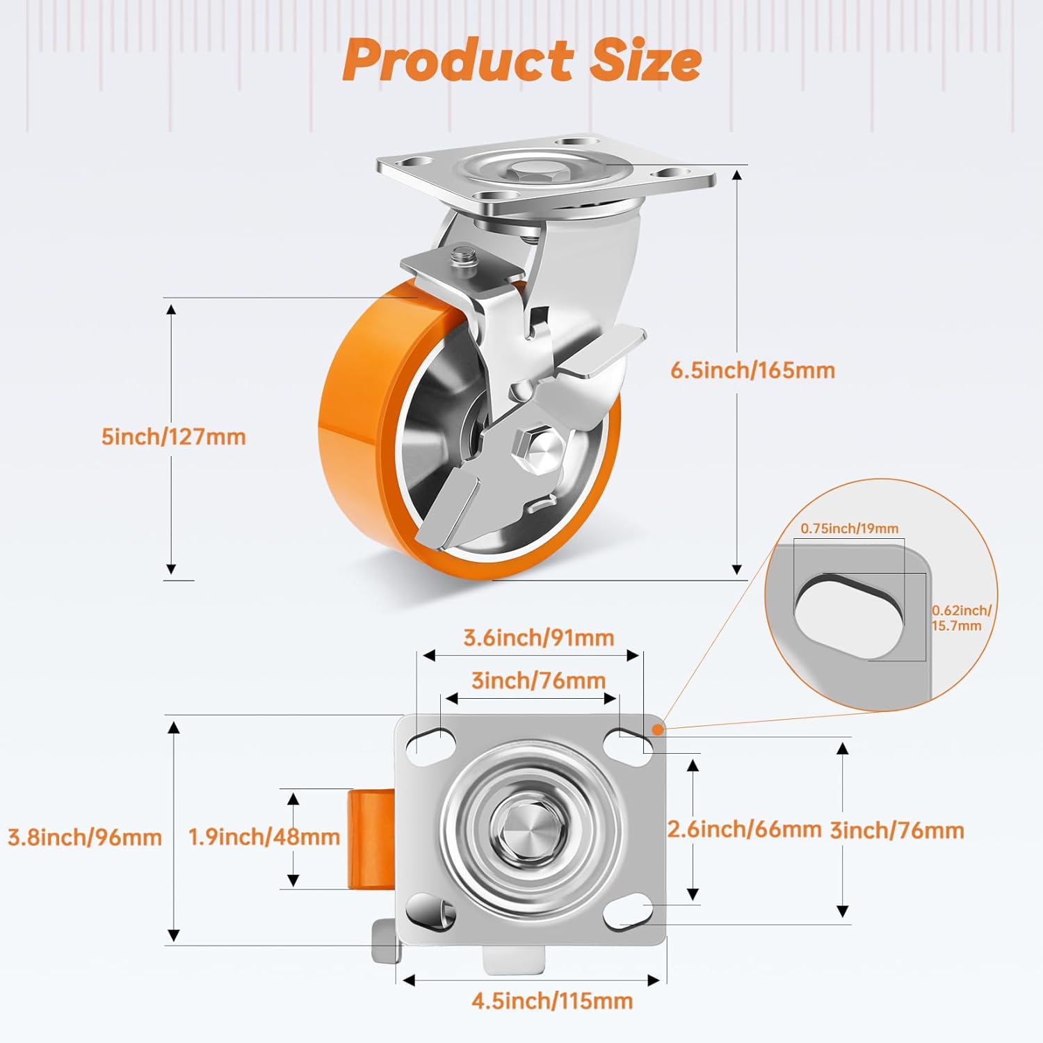 Thumbnail 3 de W B D WEIBIDA 125mm Ruote per Mobili Pesanti con Freno — Set da 2, Ruote Universali in Poliuretano con Nucleo in Alluminio (450 kg cadauna)