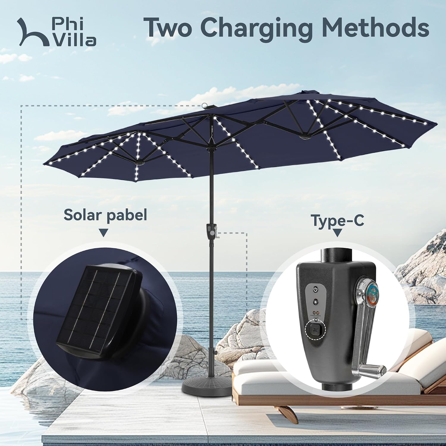 Detalle de PHI VILLA 3.8x2m Garden Parasol Umbrella with Crank for Outdoor Sun Protection