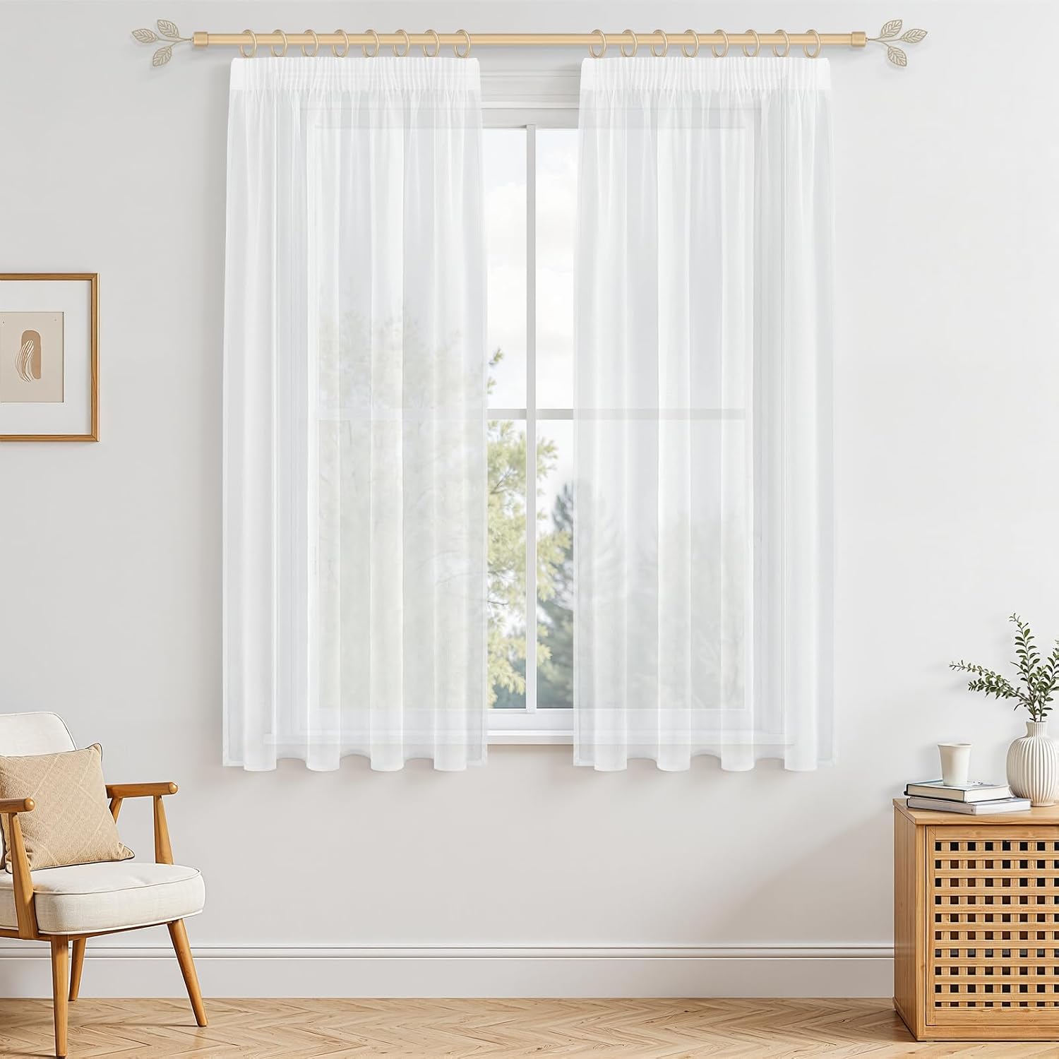 Detalle de MRTREES Gardinen mit Kräuselband, 2er-Set 160×140 cm (H×B) weiß kurz transparent in Leinenoptik