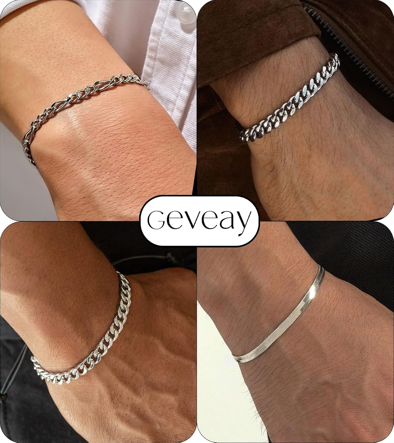Thumbnail 3 de Geveay 6-Piece Men's Stainless Steel Chain Bracelet Set, Adjustable, 7.1+1.2 Inches