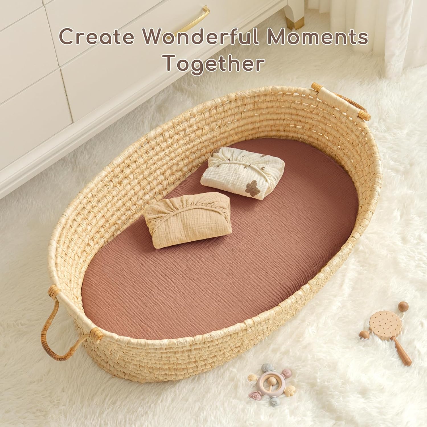 Detalle de Yukkidds Baby Moses Basket Sheets 81x41cm, 3 Pack – 100% Muslin Cotton, 360° Elastic Fit