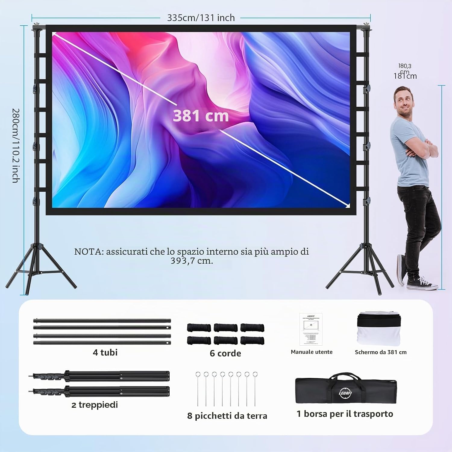 Detalle de Schermo per Proiettore LEORFI 150” con Treppiedi – Proiezione 4K/Full HD in Casa o in Outdoor