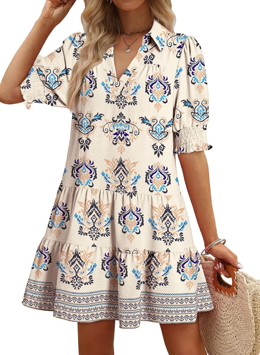 Thumbnail 5 de Dokotoo Casual Dresses for Women: Lapel Collar, V-Neck Mid Sleeve Pleated Midi Dress
