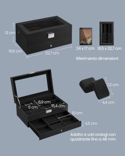 Detalle de SONGMICS Porta Orologi, 6 Posti, con Cassetto e Coperchio in Vetro – Organizzazione elegante per tuo stile