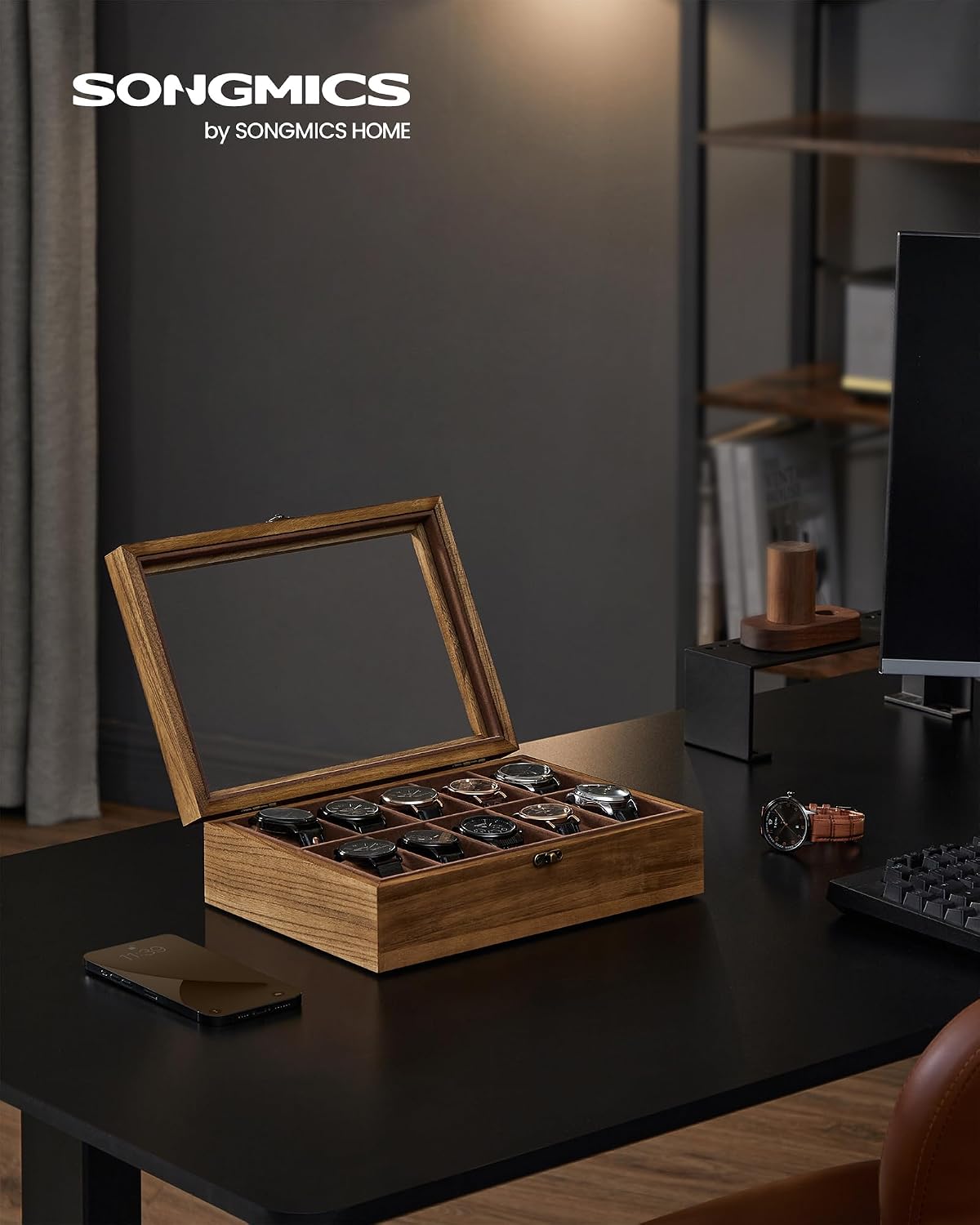 Detalle de SONGMICS JOW100K01 10-slot solid wood watch box with large glass lid