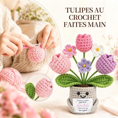 Detalle de Cadeau Tulipe en Tricot Fait Main de XIZIDA - Carte motivante pour Femme