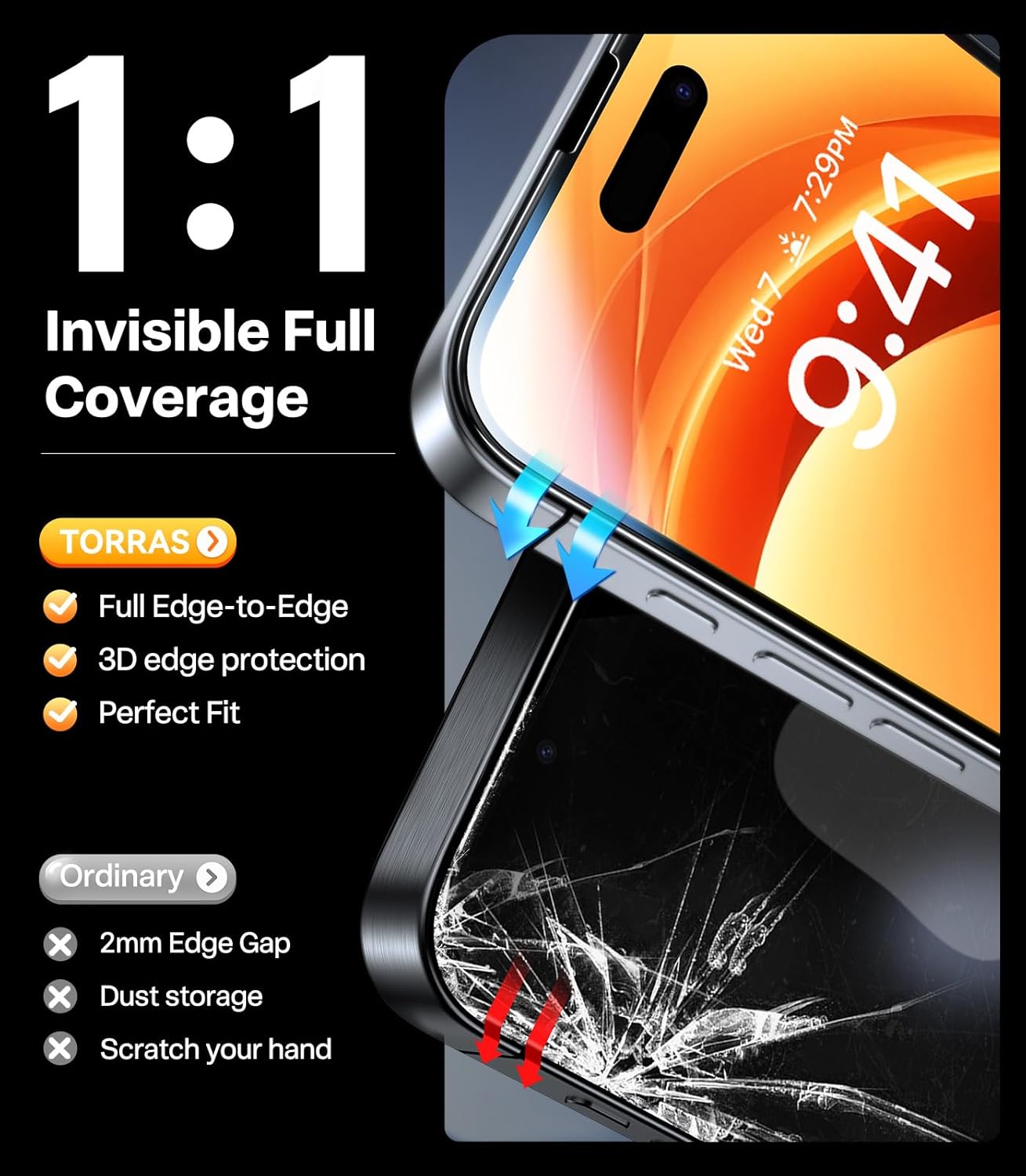 Thumbnail 3 de TORRAS for iPhone 17 Screen Protector (3.66m drop) – 9H Tempered Glass, Full Screen Coverage, 2-Pack