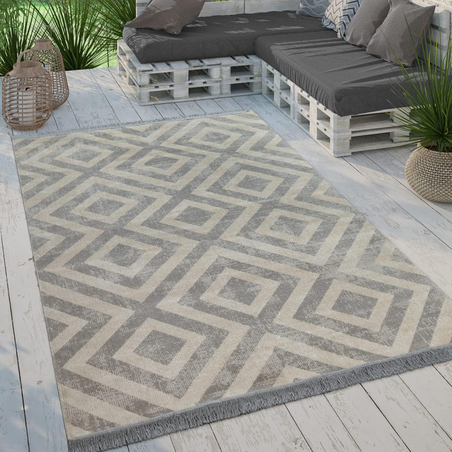 Detalle de Paco Home Moderner Outdoor Teppich Grau-Weiß 60x100 cm – Geometrisches Rauten-Muster, Wetterfest & Pflegeleicht
