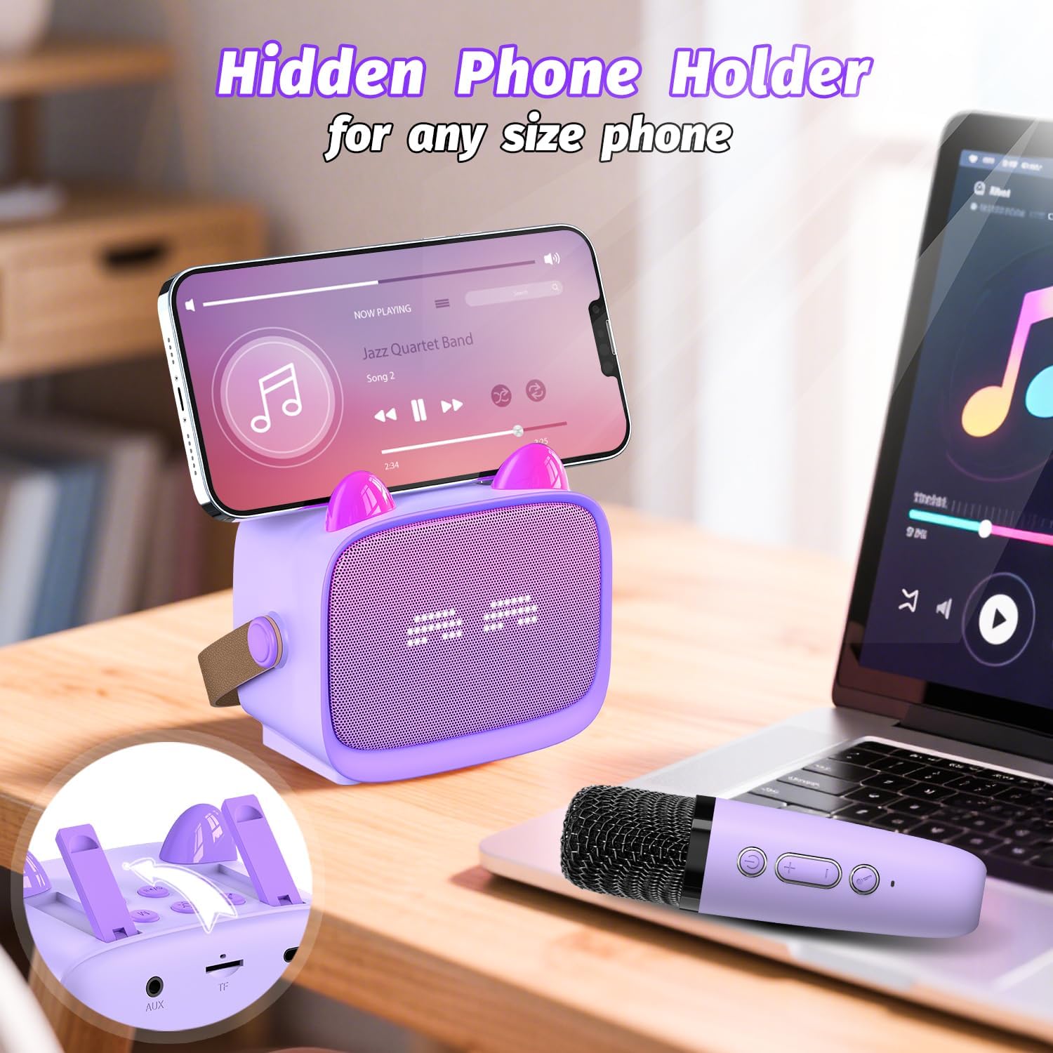 Thumbnail 1 de Mini Karaoke Machine Toys Gifts for Kids with 2 Wireless Microphones and LED – Portable MP3 Player