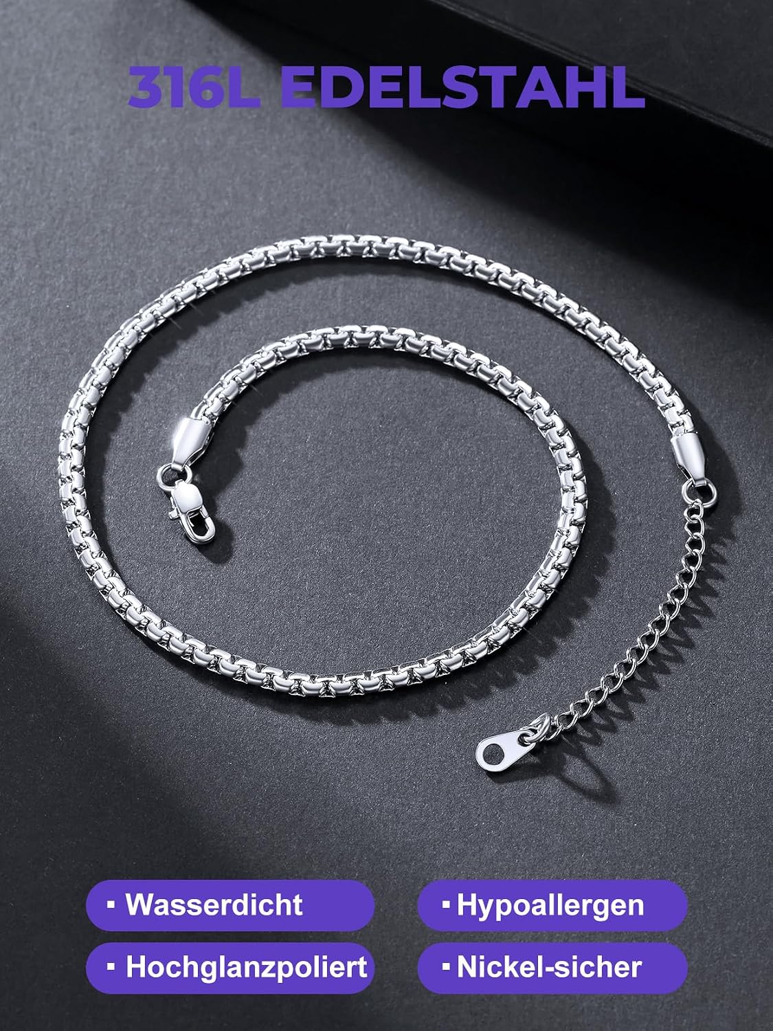 Thumbnail 2 de Richsteel Edelstahl-Kette 2/4/6 mm in Silber, Schwarz oder vergoldet – venezianisches Link-Design, 35–76 cm