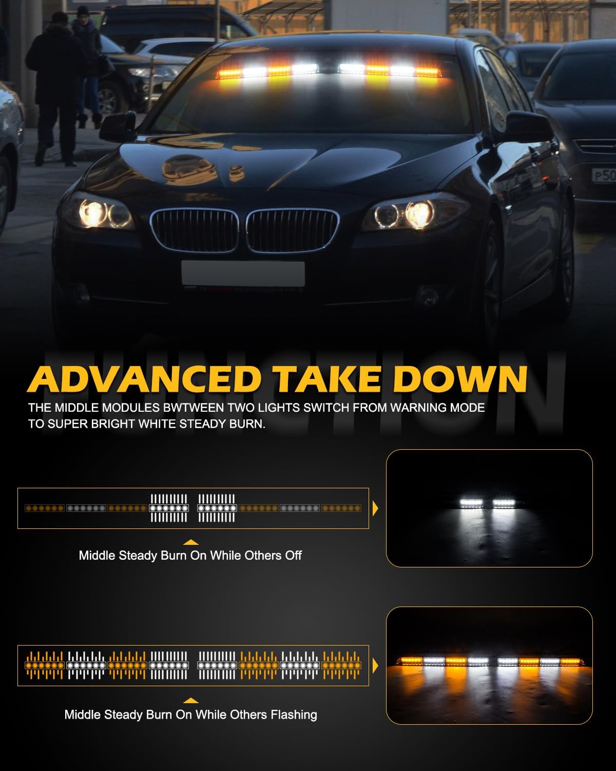 Detalle de HLauto 604N Emergency Dash Strobe Lights: 2x16.8 inch Amber/White Safety Light Bar
