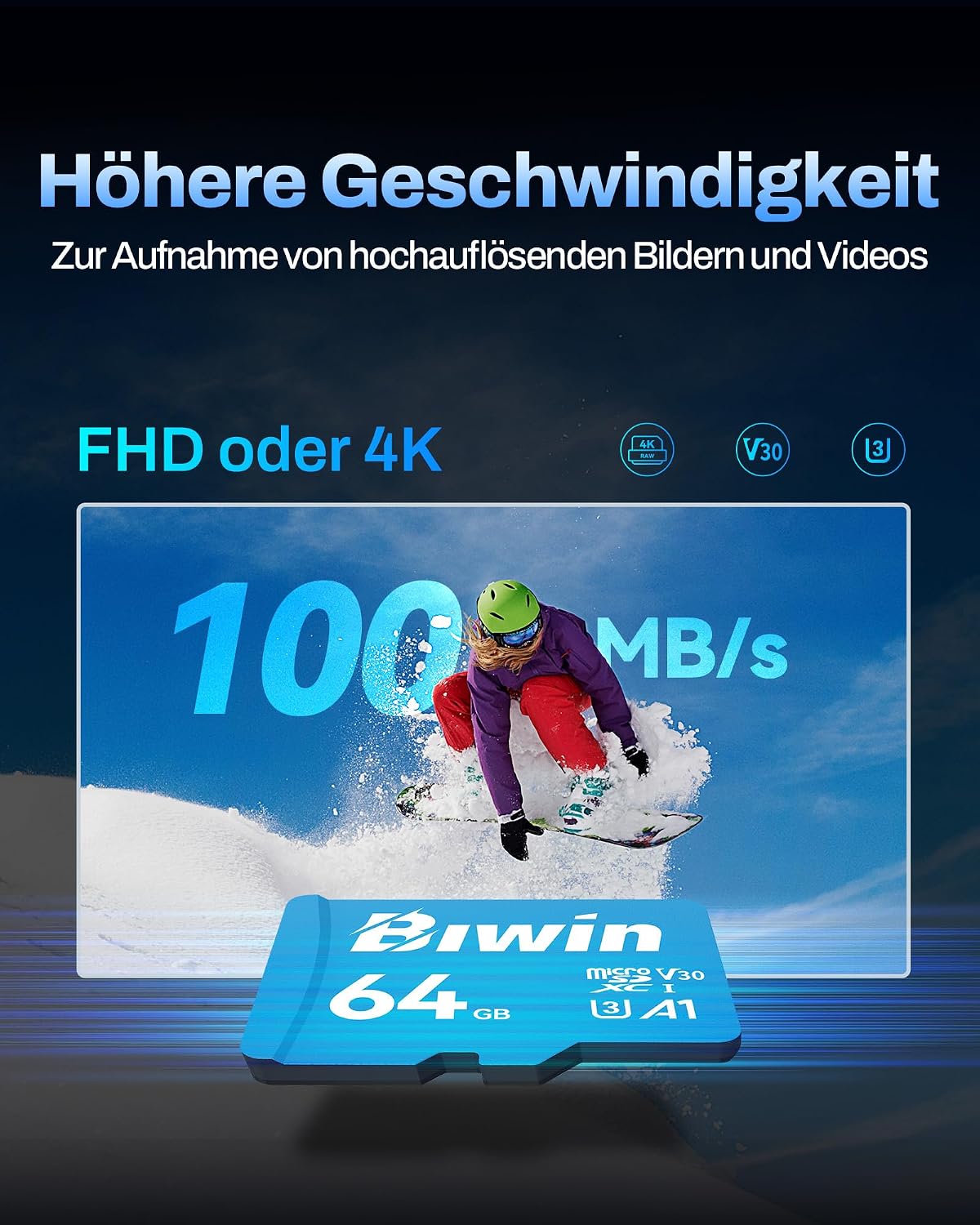 Detalle de Biwin MS100 MicroSDXC 64GB – UHS-I U3/V30, Lesen bis 100 MB/s