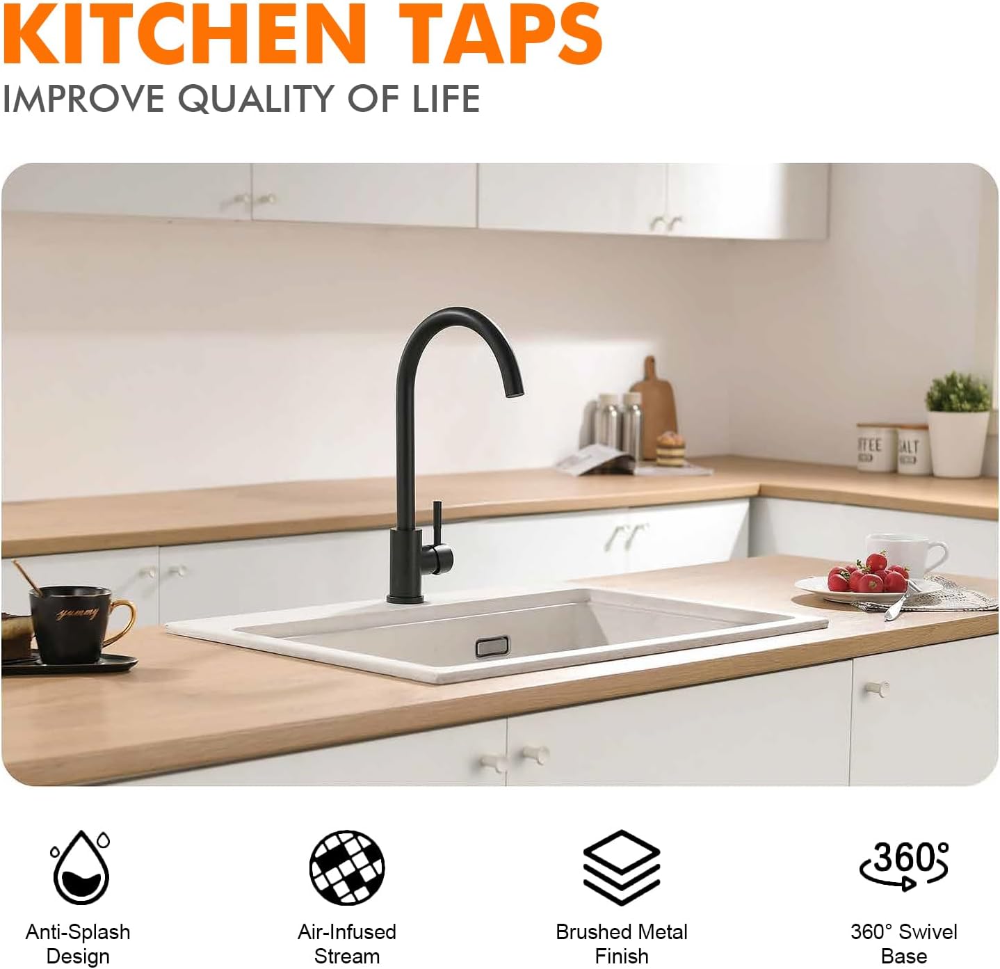 Detalle 2 de GRIFEMA G4008B Black Kitchen Sink Tap — 360° Swivel Spout, Solid Brass & Stainless Steel, Hot & Cold