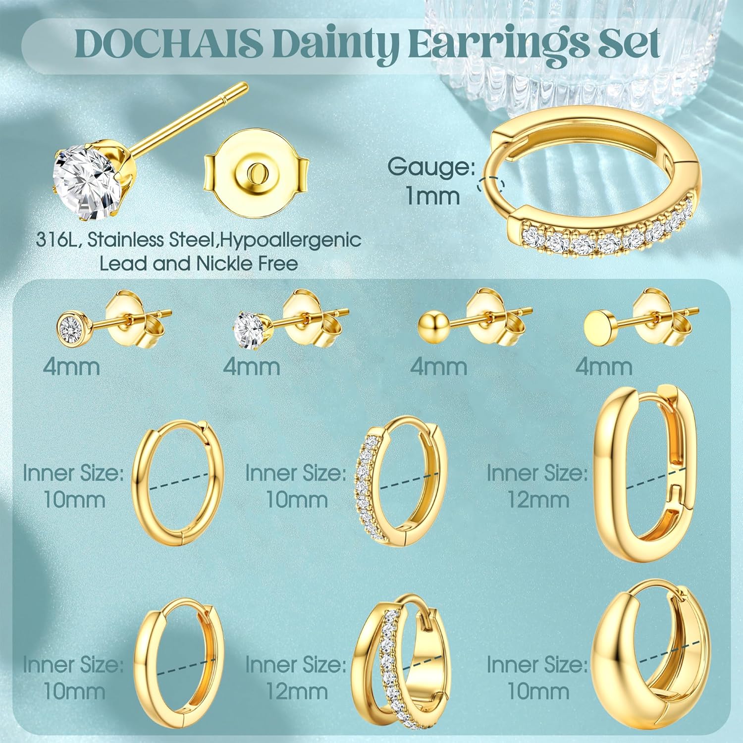 Thumbnail 3 de Dochais Ohrringe-Set (10 Paar) in Gold/Silber: 316L Chirurgenstahl, 14k vergoldet & Zirkonia – für mehrere Piercings