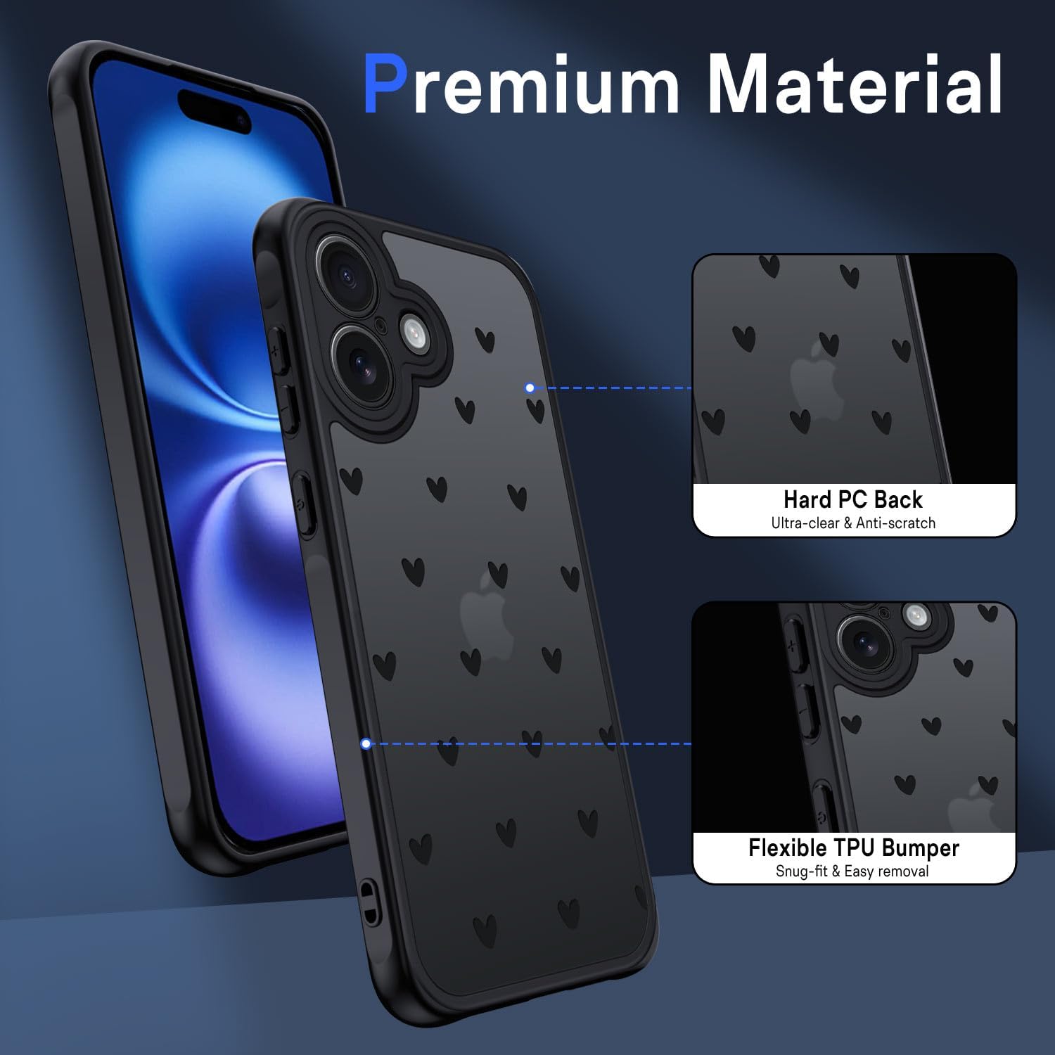 Thumbnail 3 de TUUTPU Coque iPhone 16 – Étui translucide mat avec motif cœur, protection complète et dos en PC durable