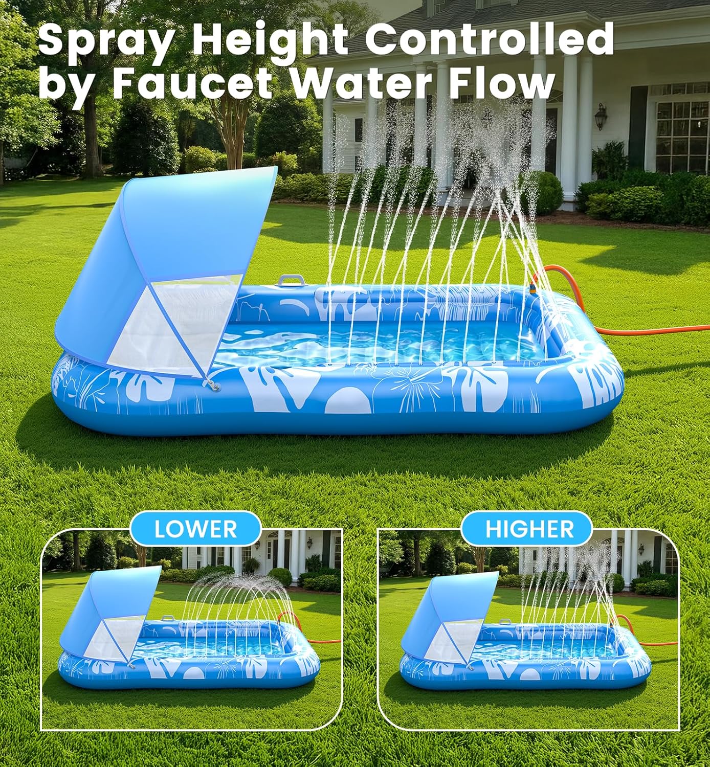 Thumbnail 3 de Inflatable Tanning Pool Lounger Float with Canopy & Sprinkler UPF50+ (77" x 48")