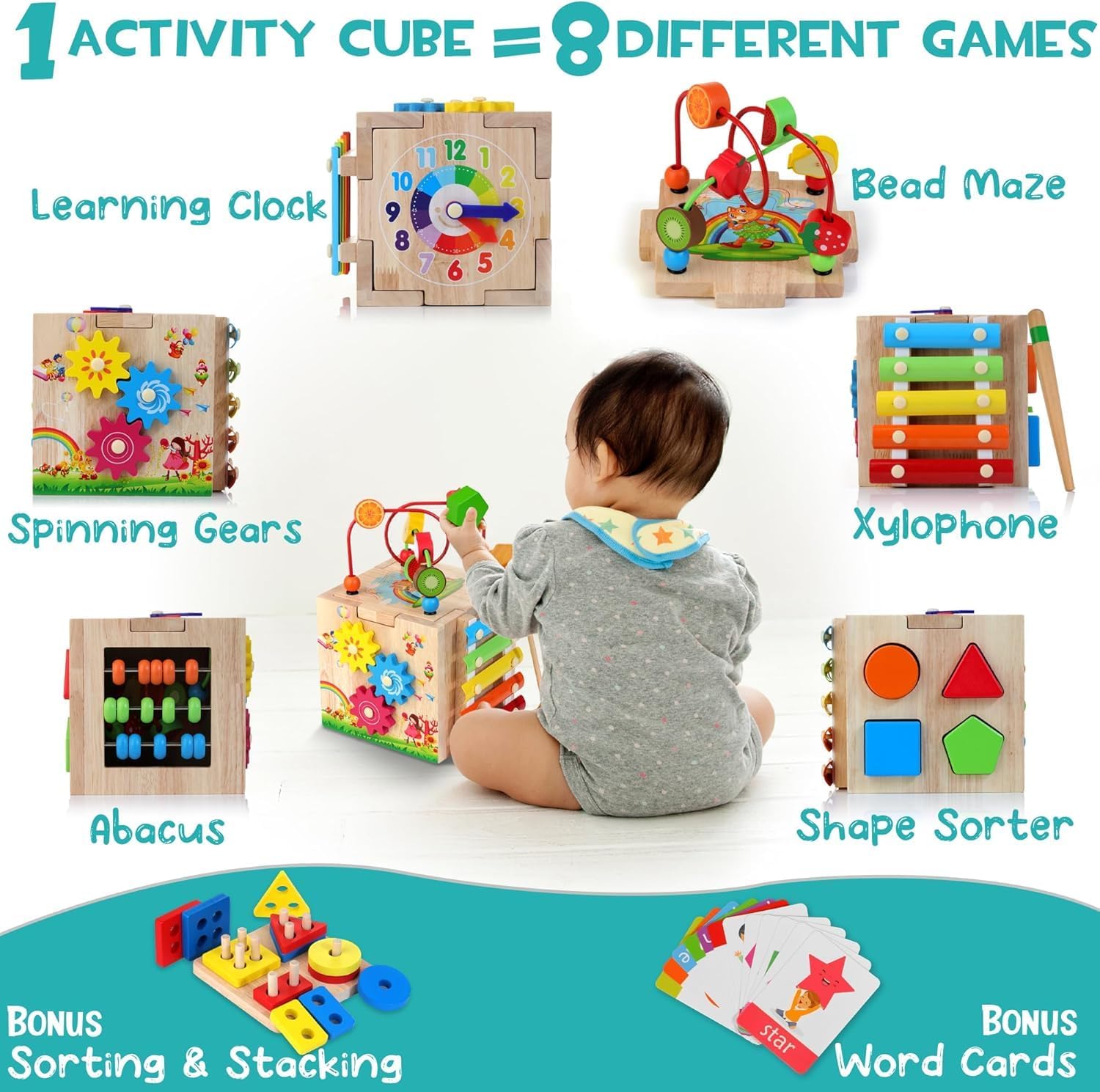 Thumbnail 1 de HELLOWOOD Wooden Activity Cube 8-in-1