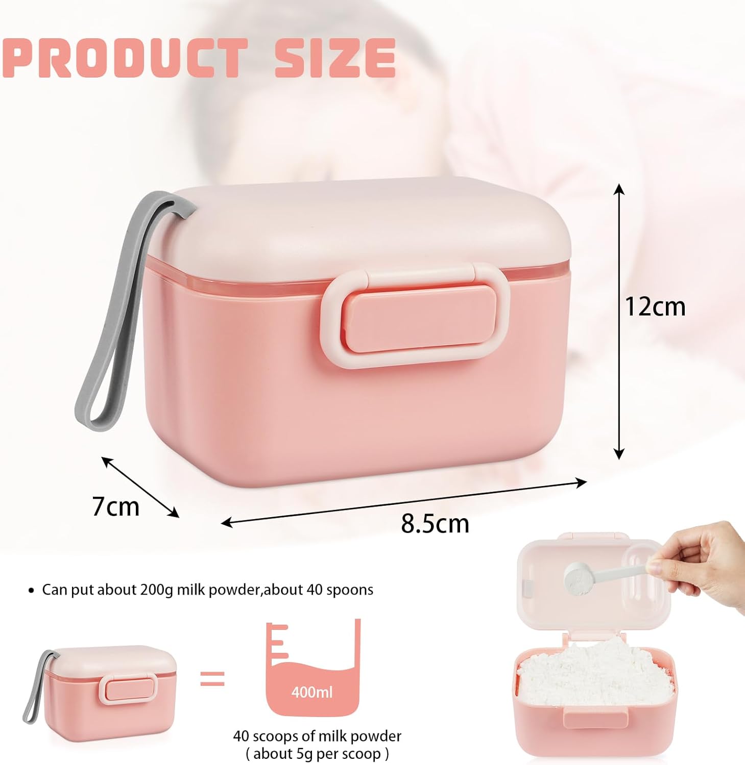 Thumbnail 1 de Aolso Milk Powder Dispenser, 400ml Pot with Sealed Silicone Ring Cover & Spoon (Pink) – Travel Friendly