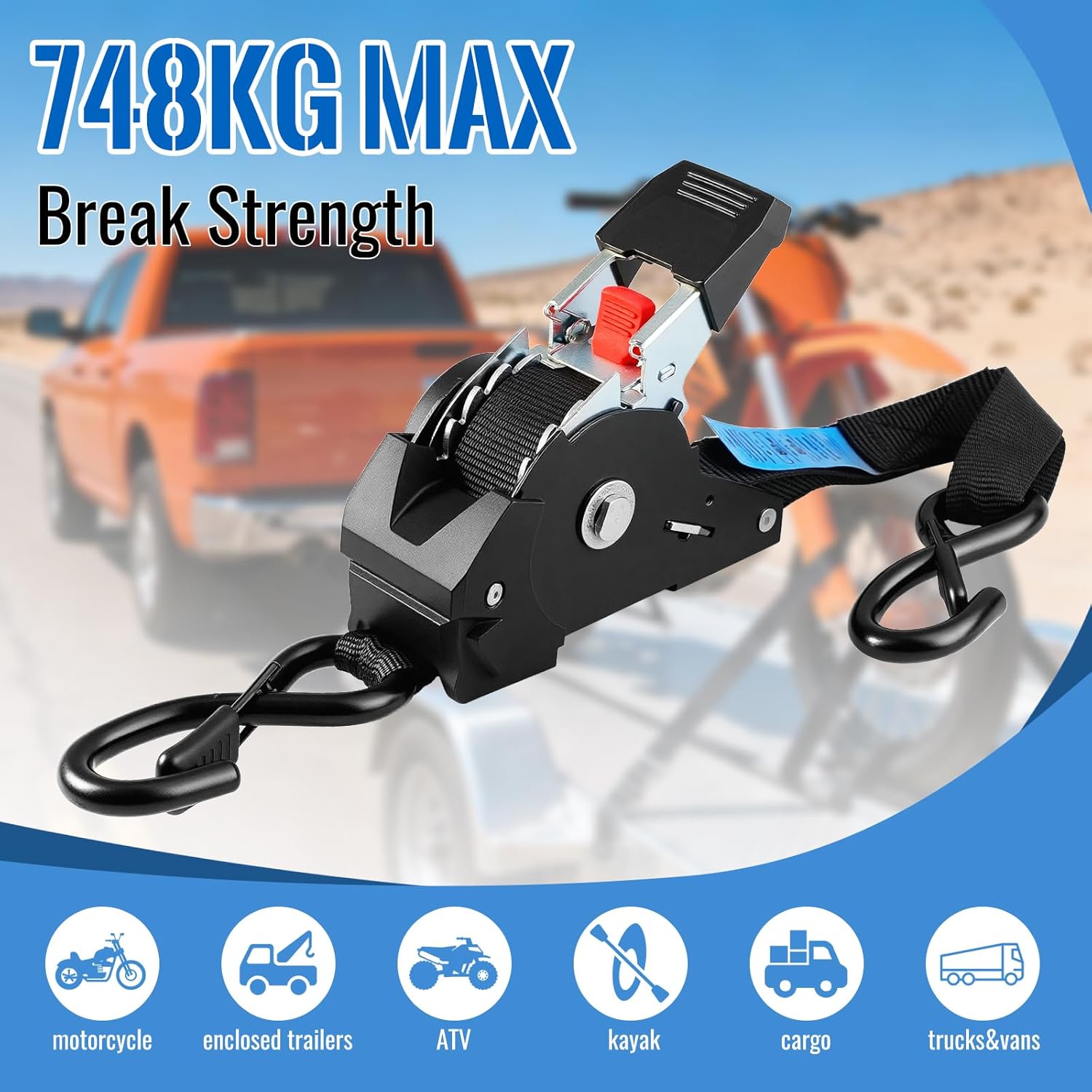 Thumbnail 5 de TLGREEN Cinghie di ancoraggio autoavvolgenti (4 pezzi, 3 m x 25 mm) con ganci a S – rottura 748 kg