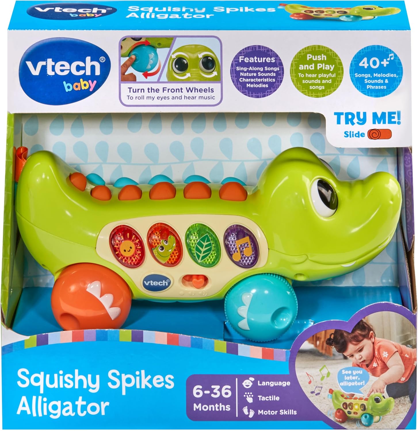Detalle de VTech Baby Squishy Spikes Alligator: Push Along Toy for Sensory & Early Learning