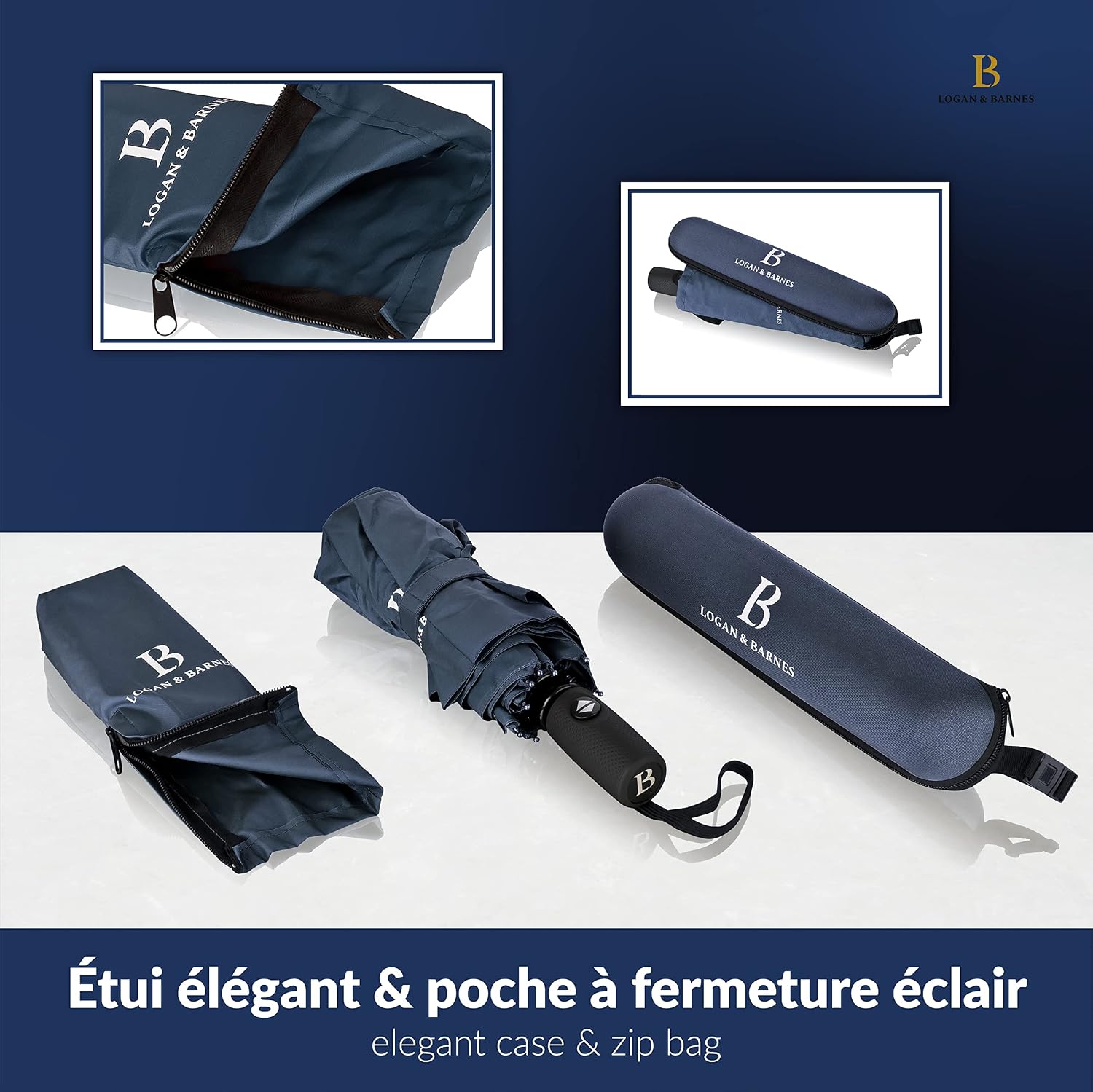 Detalle 2 de LOGAN & BARNES Parapluie Boston: résistant aux tempêtes jusqu’à 140 km/h, compact et automatique