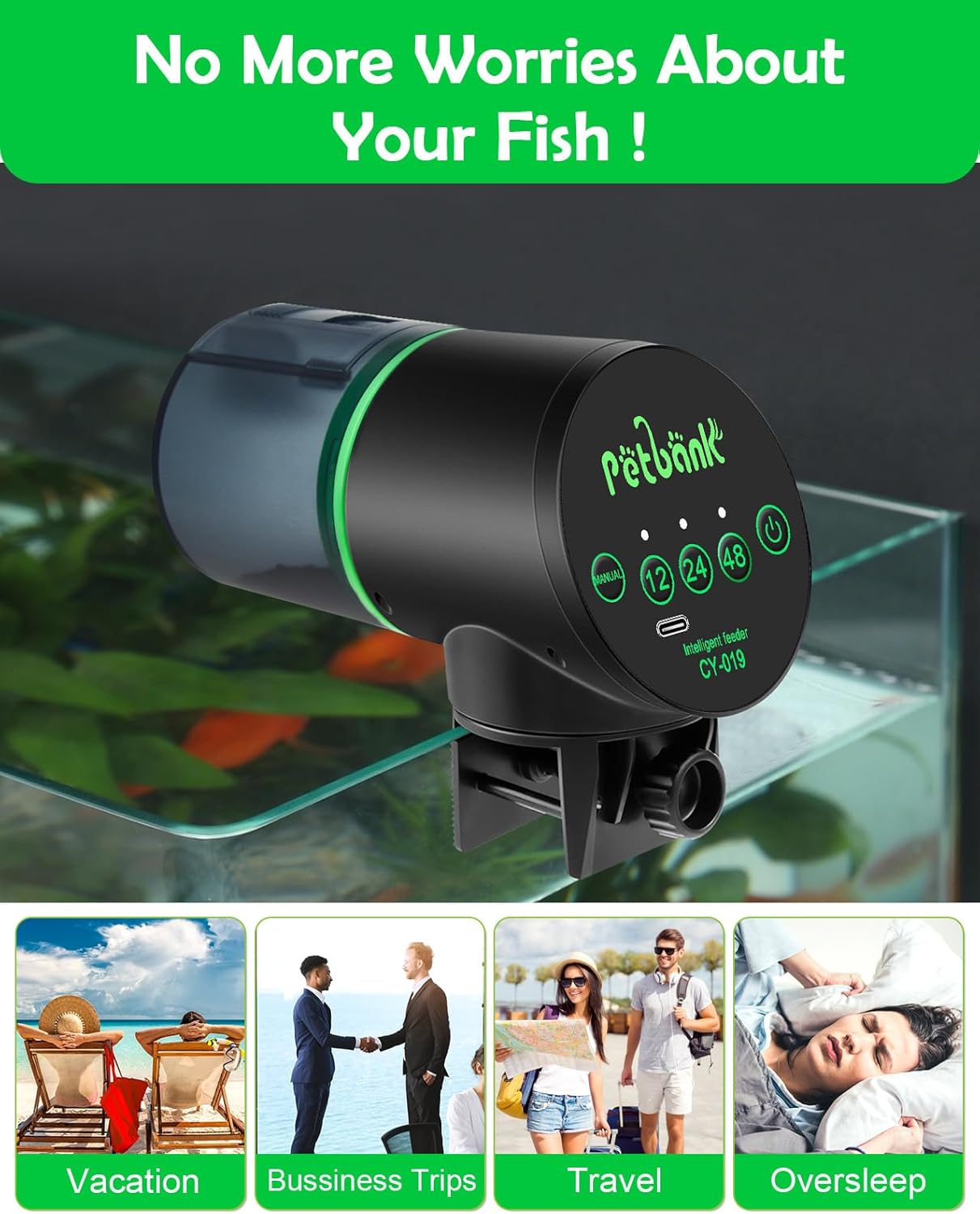 Detalle de Petbank Automatic Aquarium Feeder – Auto Fish Food Dispenser (Rechargeable, USB)