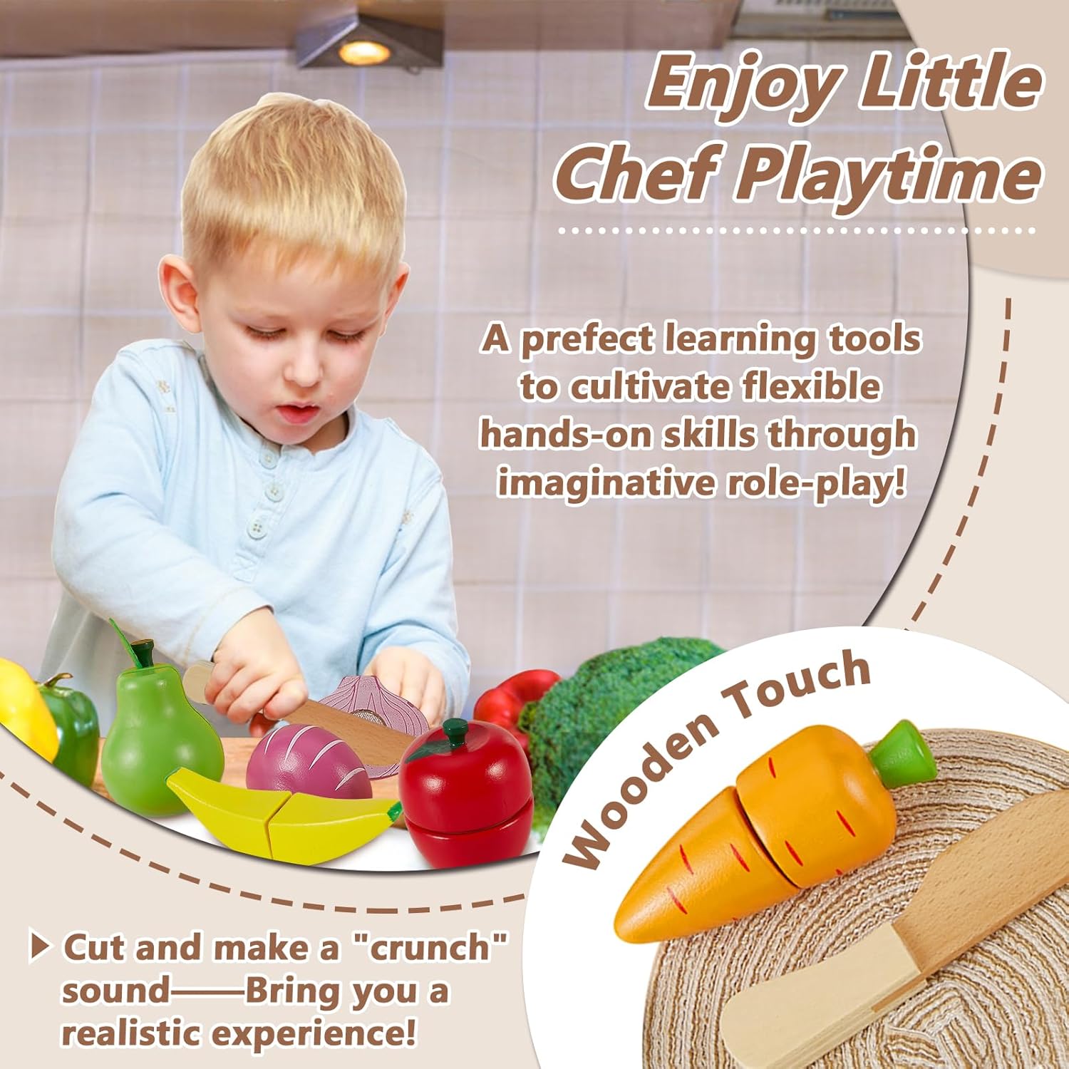 Detalle de HERSITY Holzspielzeug Obst & Gemüse zum Schneiden mit Aufbewahrungskoffer – Lern- und Rollenspielküche für Kinder ab 3