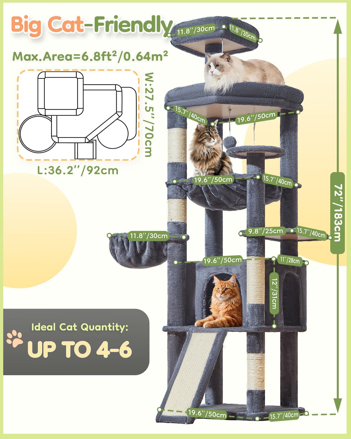 Thumbnail 6 de Taoqimiao Cat Tree 183cm Large Cat Tree with 5 Scratching Posts, Metal Hammock & Spacious Platforms (Smoke Grey)