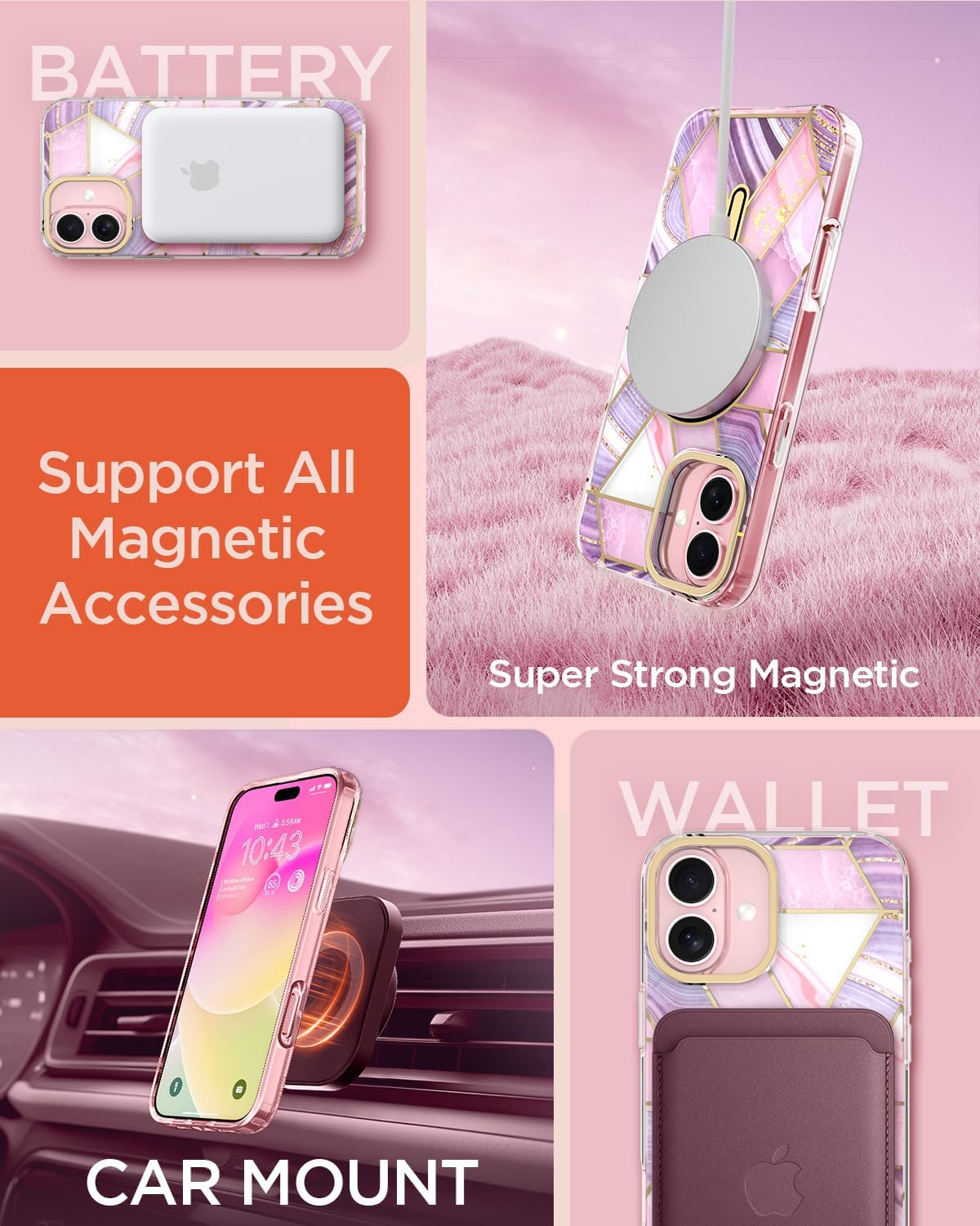 Detalle de MATEPROX Magnetic Case for iPhone 16 Plus 2024 — Marble Purple with MagSafe, Screen Protector and Anti-Scratch Protection
