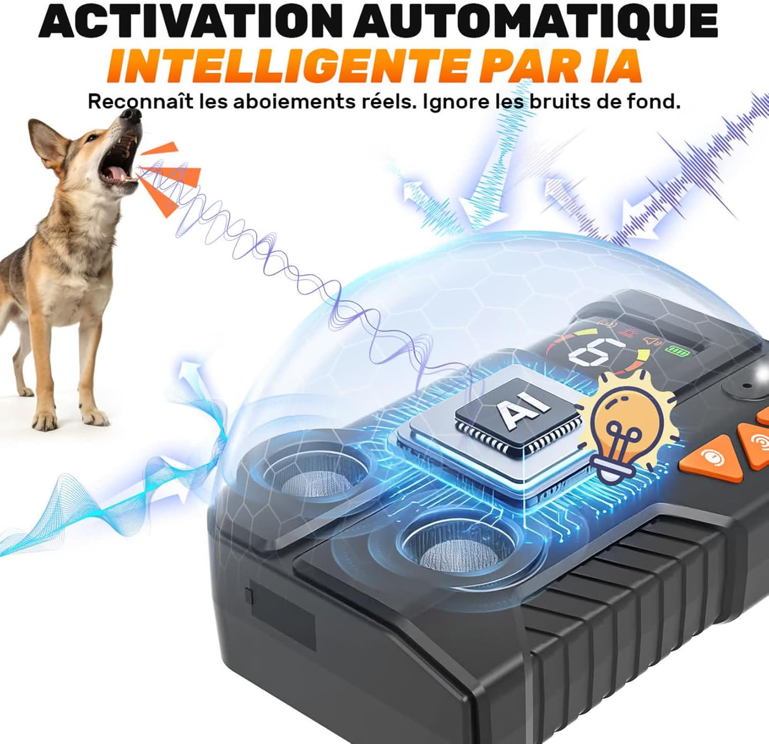 Thumbnail 1 de Anti Aboiement Chien Ultrason Puissant AI – 2 Émetteurs, 6 Sensibilités, IPX6, Rechargeable