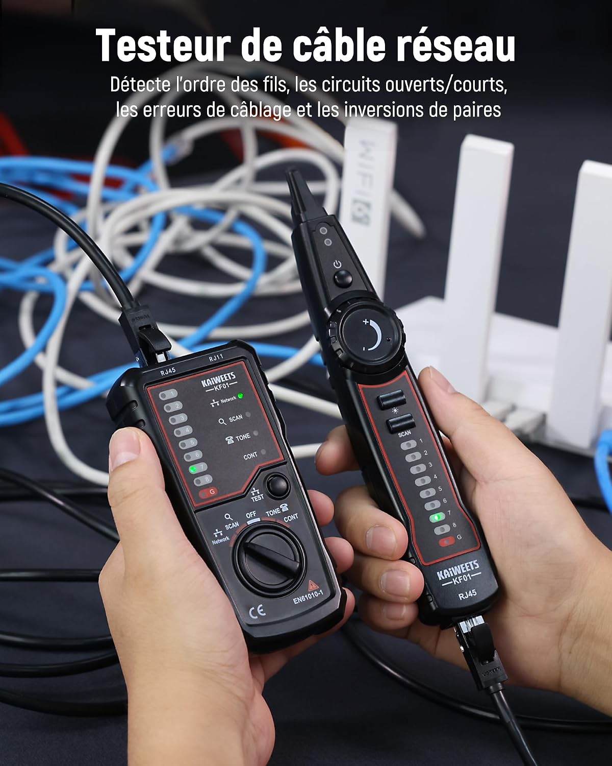 Detalle 2 de KAIWEETS Testeur de réseau - RJ45 RJ11, câble réseau et ligne téléphonique