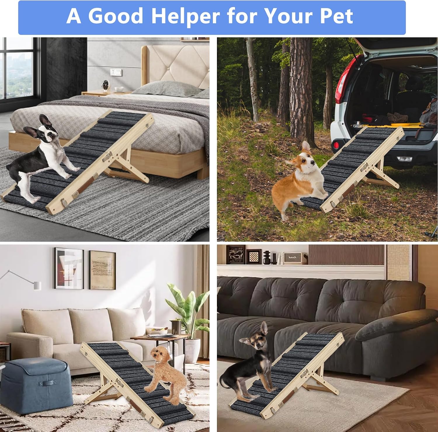 Detalle de Dog Ramp – Portable Folding Wooden Pet Ramp, Adjustable 9"–18.5" for Small to Medium Dogs