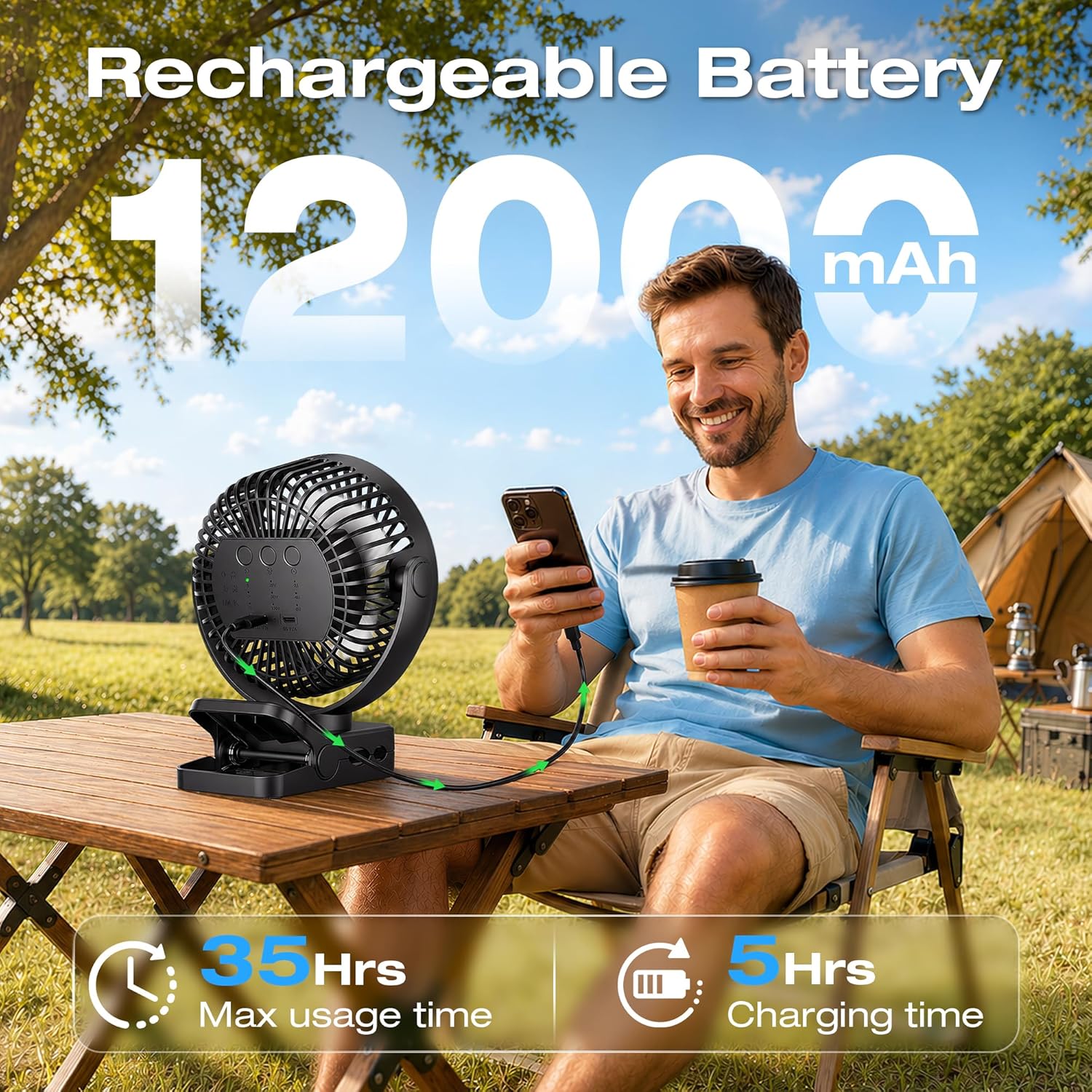 Detalle de Ventilatore da Tavolo 4 in 1 USB – Ventilatore Portatile 12000mAh con Telecomando, LED e Rotazione 360°
