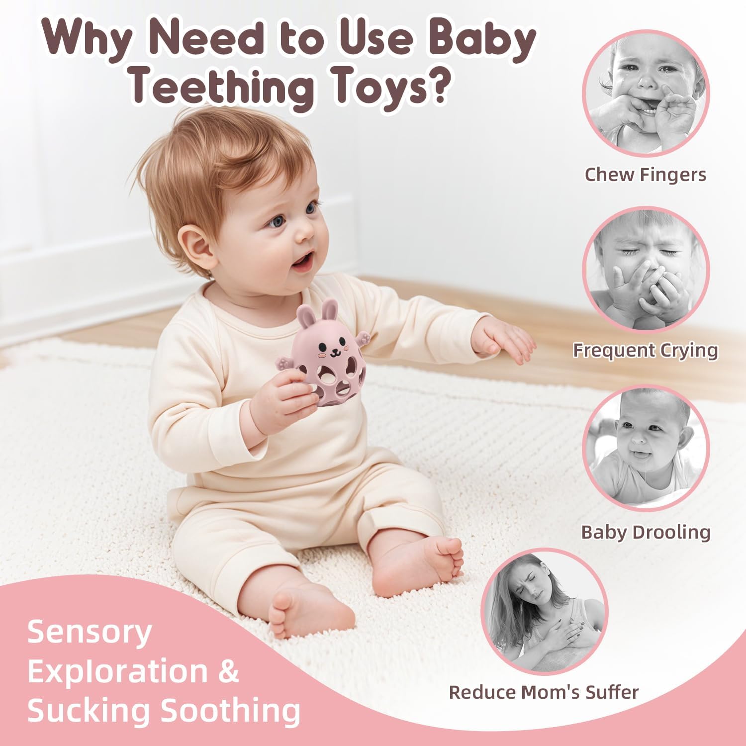 Detalle de Baby Sensory Teething Toy with Rattle for Newborn to 18 Months: Silicone Bunny Chew Toy
