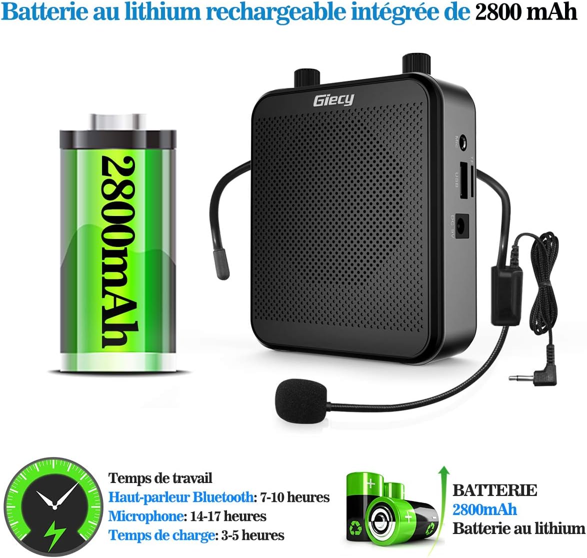 Detalle de Amplificateur de voix portable Giecy avec micro casque 30W, batterie rechargeable 2800 mAh