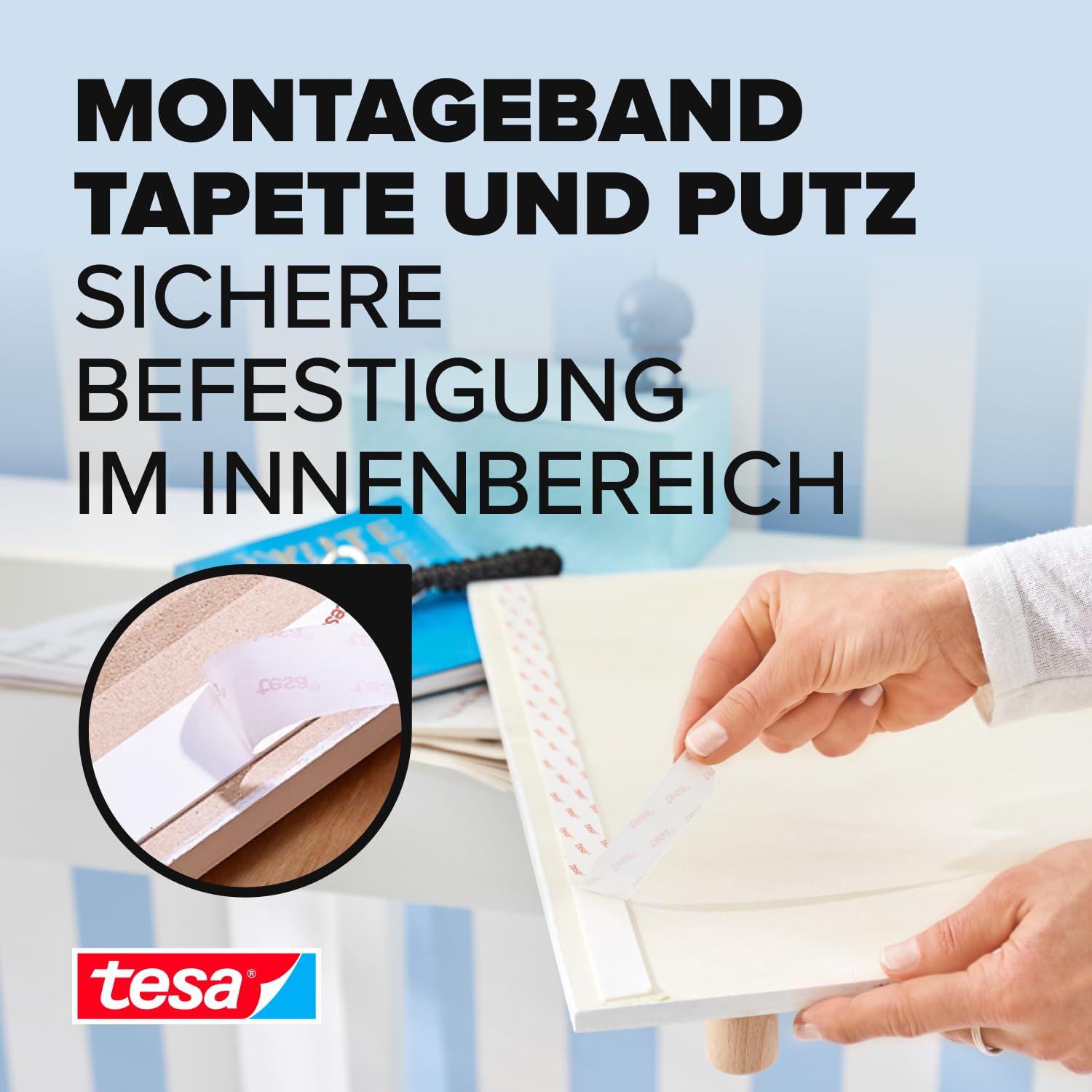 Detalle 2 de tesa Montageband Tapete&Putz – 1,5 m × 19 mm, 10 kg Haltekraft pro Meter